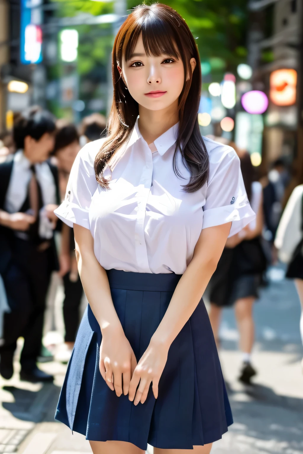 (masterpiece、High level image quality、high quality)、(beautiful realistic japanese woman:1.5、cool and cute:1.5)、big breasts、shirt、skirt、Ginza love story、Sunday in Tokyo、A whirlwind from city to city、