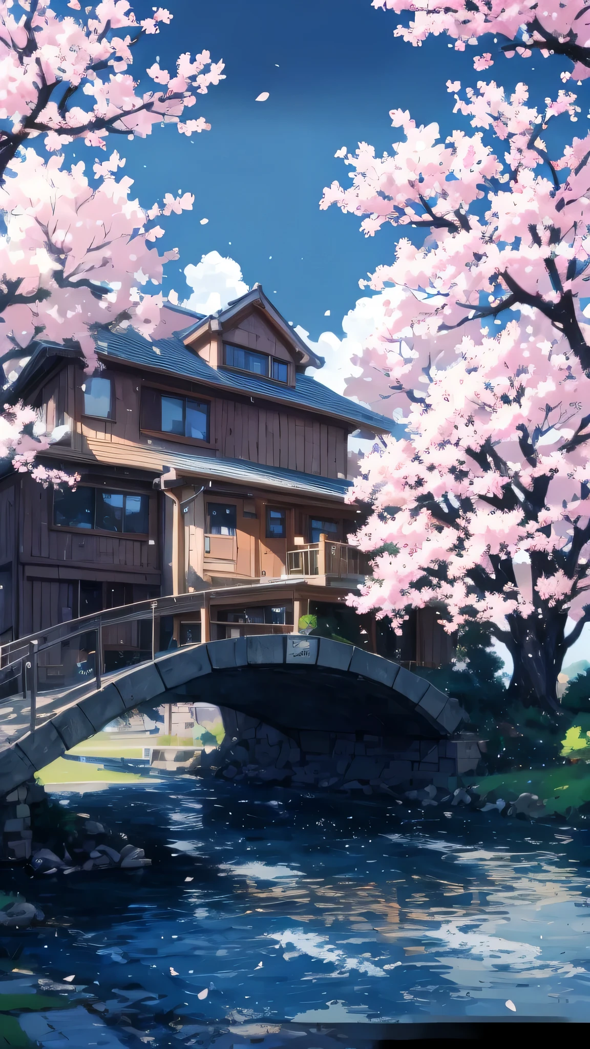 Anime house with a bridge and cherry blossom trees in the background, ( ( Makoto Shinkai ) ), Studio Gribly Makoto Shinkai, Makoto Shinkai's style, in Makoto Shinkai's style, Makoto Shinkai. — 2160 hours, Drawn at Anime Painter Studio, anime background art, Makoto Shinkai. high detail