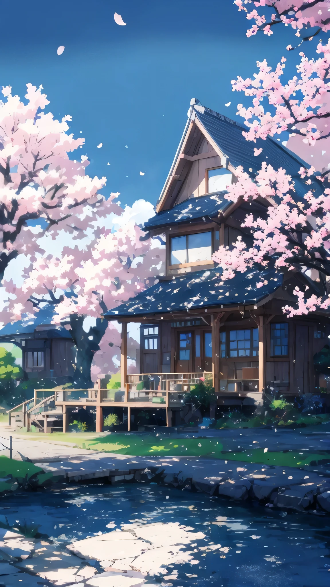 Anime house with a bridge and cherry blossom trees in the background, ( ( Makoto Shinkai ) ), Studio Gribly Makoto Shinkai, Makoto Shinkai's style, in Makoto Shinkai's style, Makoto Shinkai. — 2160 hours, Drawn at Anime Painter Studio, anime background art, Makoto Shinkai. high detail