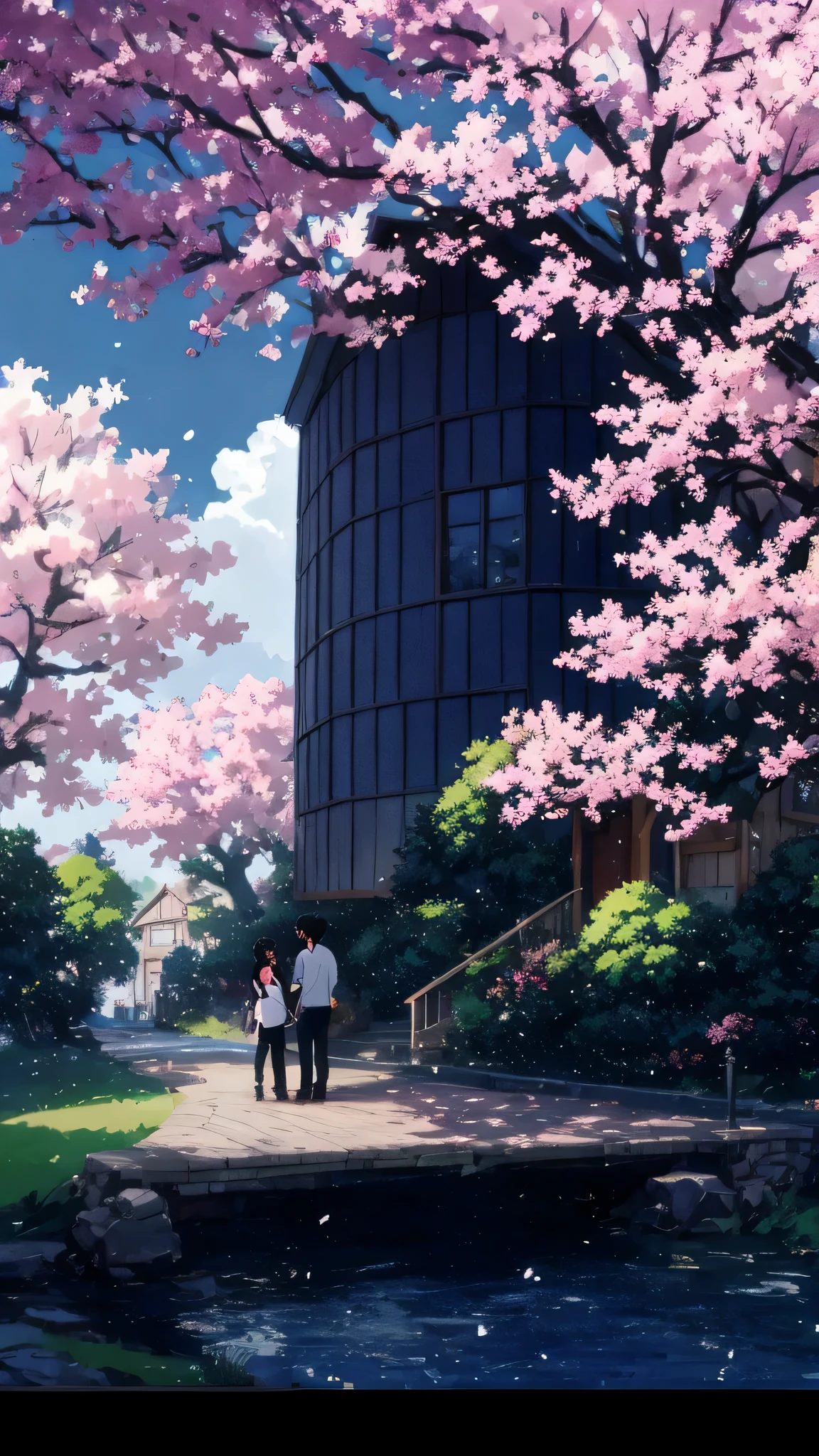Anime house with a bridge and cherry blossom trees in the background, ( ( Makoto Shinkai ) ), Studio Gribly Makoto Shinkai, Makoto Shinkai's style, in Makoto Shinkai's style, Makoto Shinkai. — 2160 hours, Drawn at Anime Painter Studio, anime background art, Makoto Shinkai. high detail