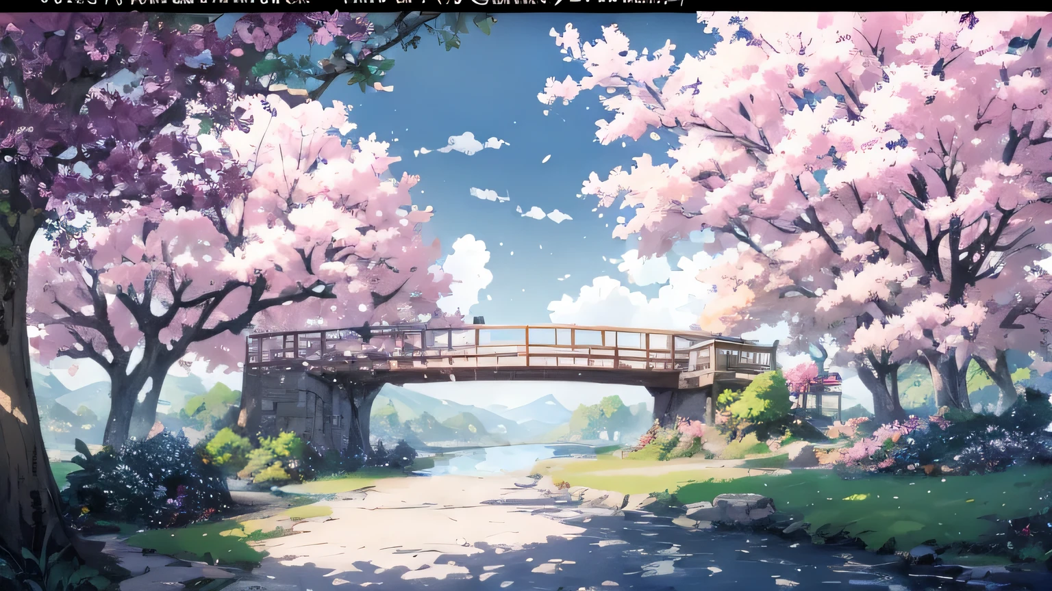 (Highly detailed CG Unity 8k wallpaper、masterpiece、highest quality、Super detailed)、(best lighting、best shadow、very delicate and beautiful)、highest quality、8k、Detailed facial depiction、masterpiece、highest quality、clear image quality、Anime house with a bridge and cherry blossom trees in the background, ( ( Makoto Shinkai ) ), Studio Gribly Makoto Shinkai, Makoto Shinkai&#39;s style, in Makoto Shinkai&#39;s style, Makoto Shinkai. — 2160 hours, Drawn at Anime Painter Studio, anime background art, Makoto Shinkai. high detail