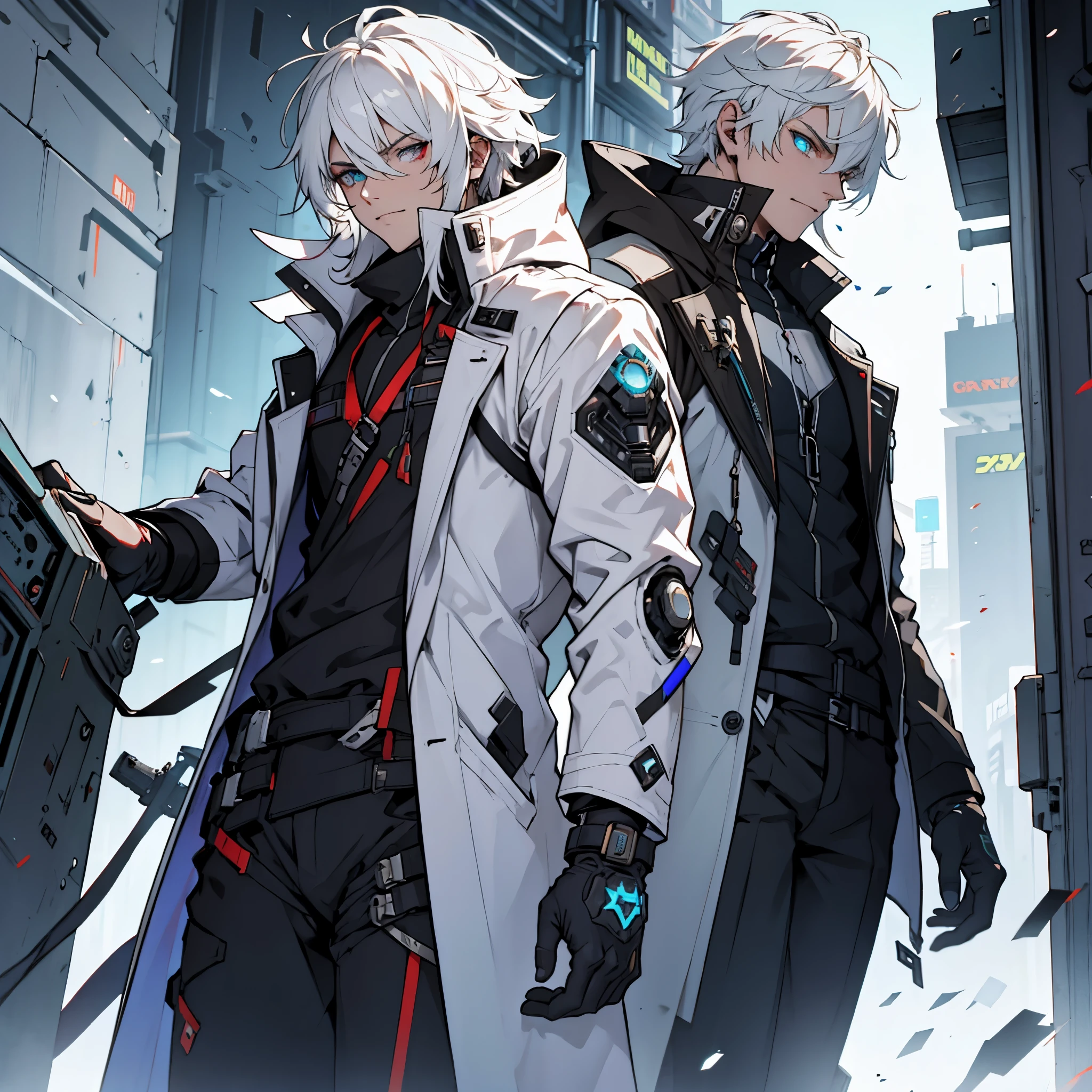 White hair, heterochromia, cyberpunk handguns and blades, in coat and Exosuit 