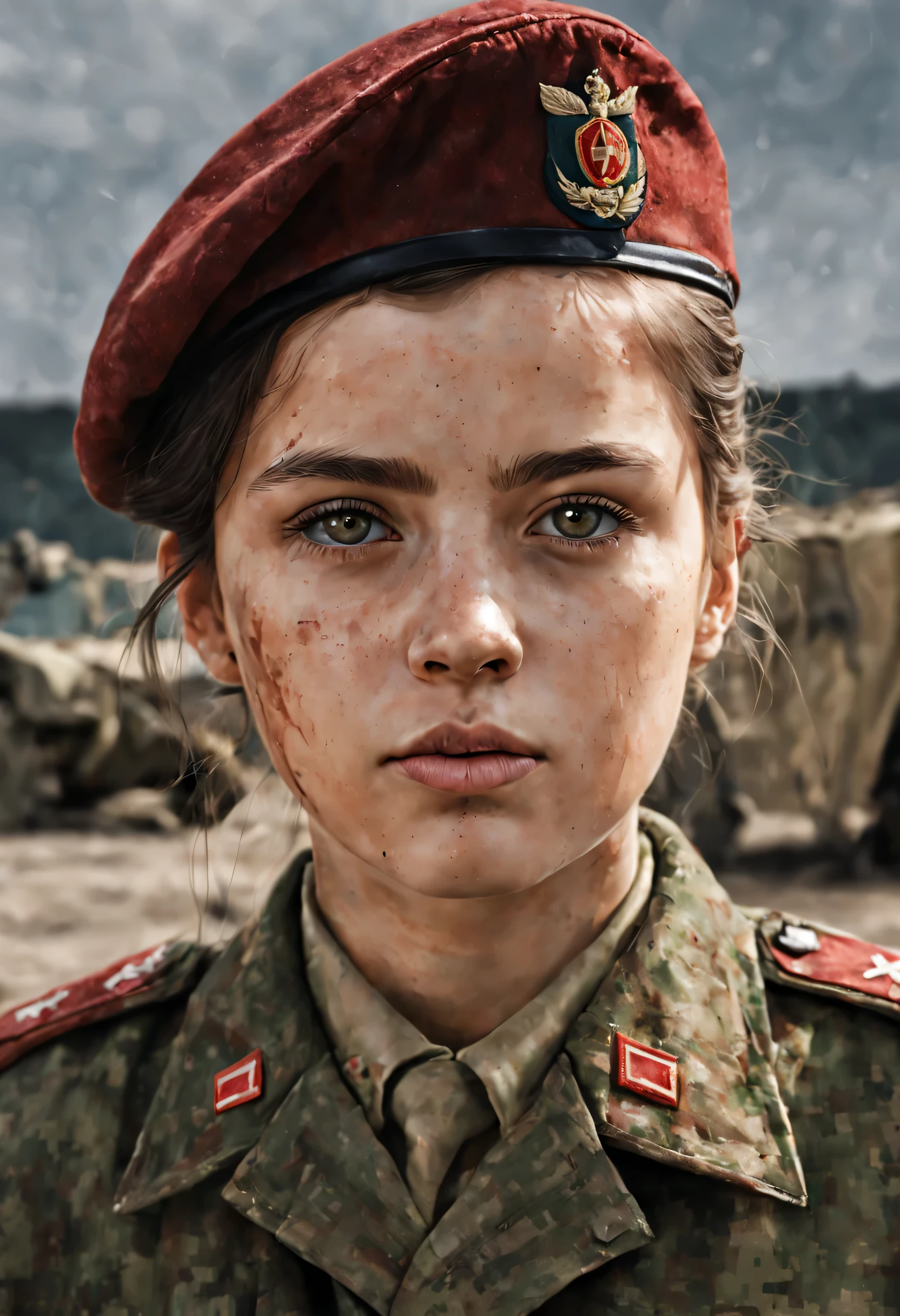 girl in military uniform without stripes, dark hair, traces of dirt on the face, photorealism, ultra-nd, High detail