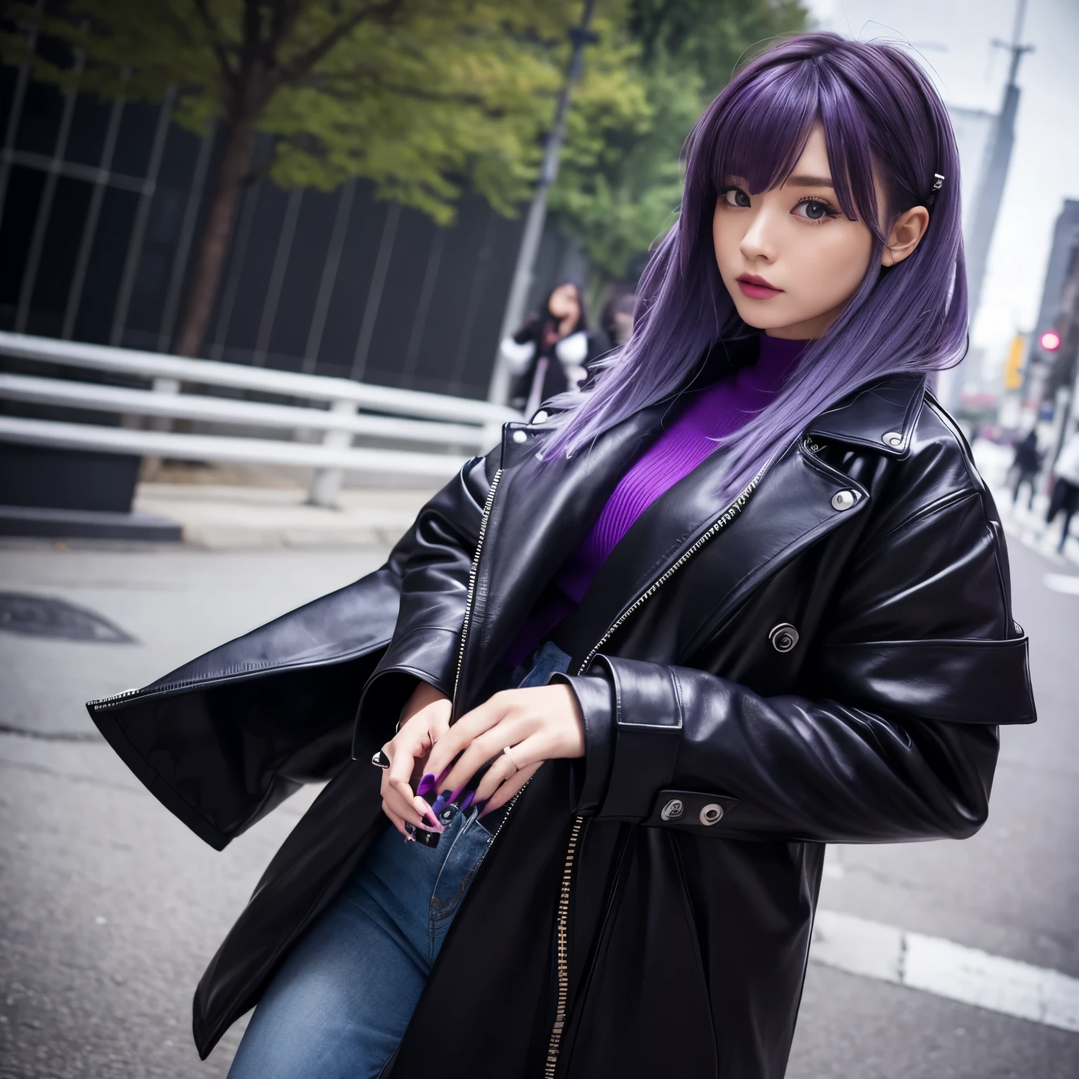 Rinka purple hair fashionable clothes black coat high quality      
