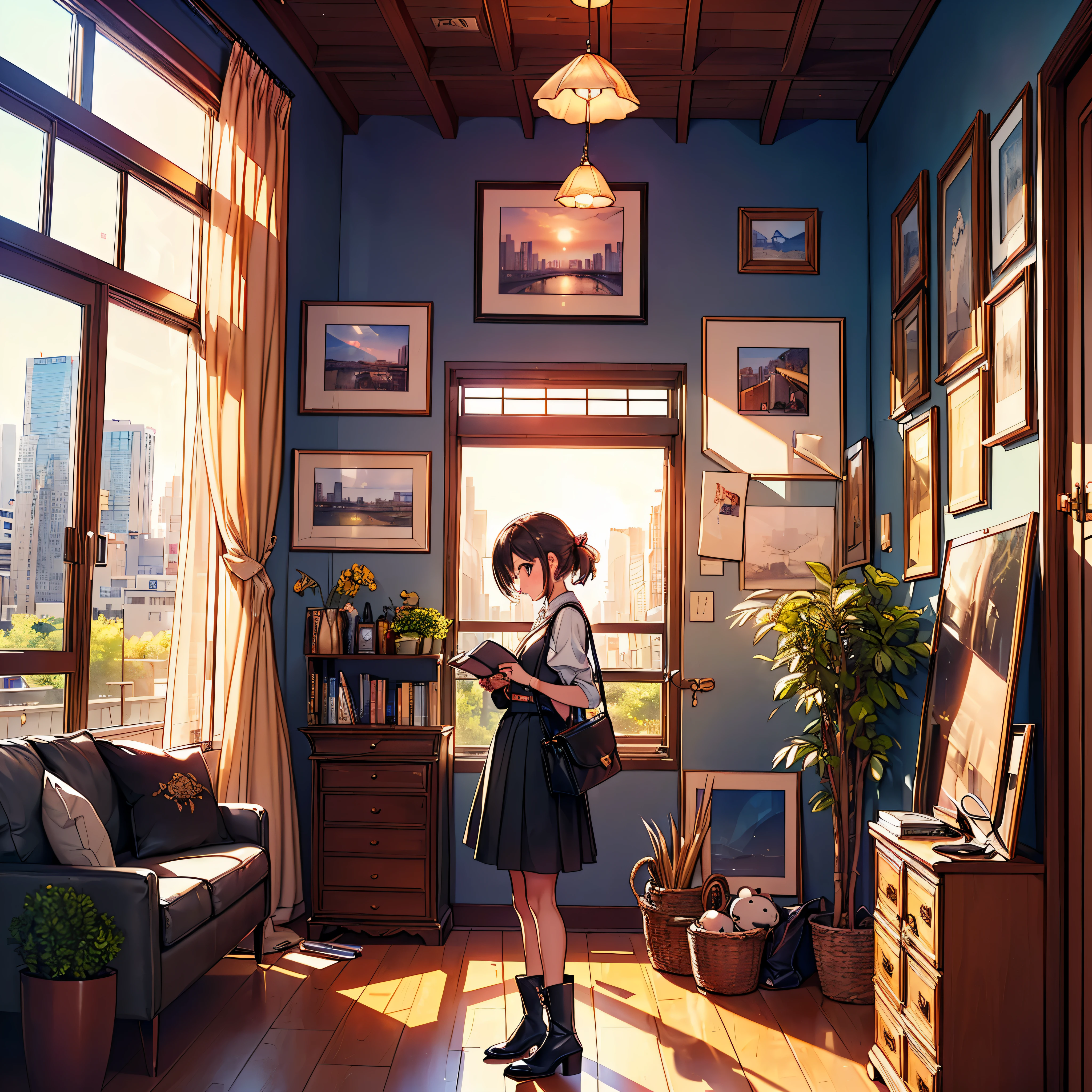 (epic Masterpiece, ultra highest quality, ulra highest resolution, ulra high-definition, distinct_image, very elaborate CG, cinematic lighting, ray tracing, drop shadows, detailed detail, (photorealistic: 1.4), ultra high quality textures, fine-grained, realistic face expression): (lone girl, face is Japan, brown short hair, small size breasts, sparkling eyes, Eye level shot, happy smile, beauty, slim body, holiday, own room, console game, computer, display, keyboard, mouse, long leather skirt, collared shirt, leather vest, handgun holder, carrying leather bag on your back, long boots, antique radio, coffee, model train, bookshelf, spacious yellowchair, Pots, fans, paintings, stuffed animals, ties, notebooks, stationery, vases, photo frames, letters, fountain pens, calendars, lamps, cushions, baskets, mirrors reflecting in profile, candles, telephone, fruit, newspapers, sweets, city Eiffel view outside the window), Pendulum clock frog varied multi etc. --v6 --s1000 --c20 --q5 --chaos100