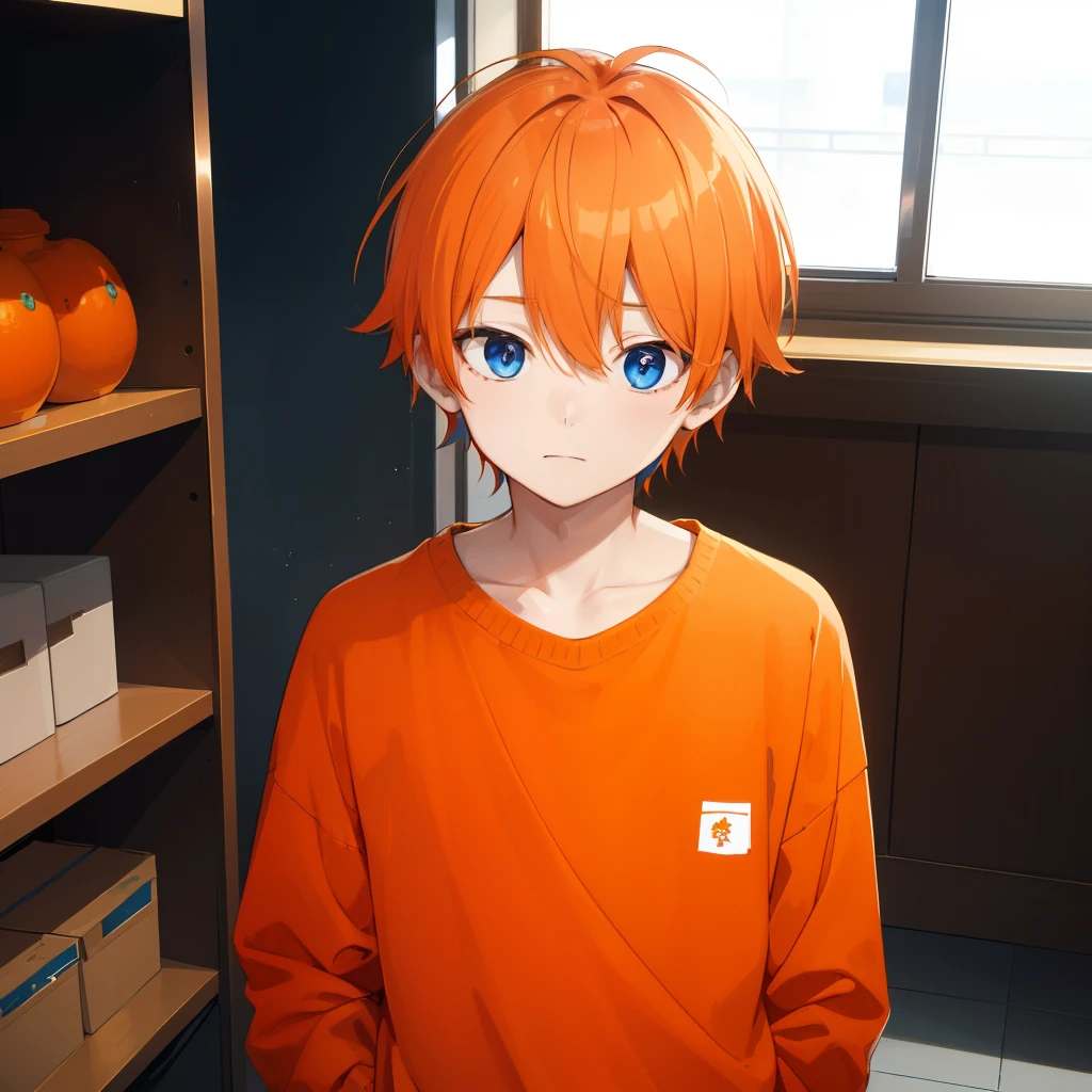 1 boy、orange hair, eyes as blue as Wasselki、depression, orange sweater
