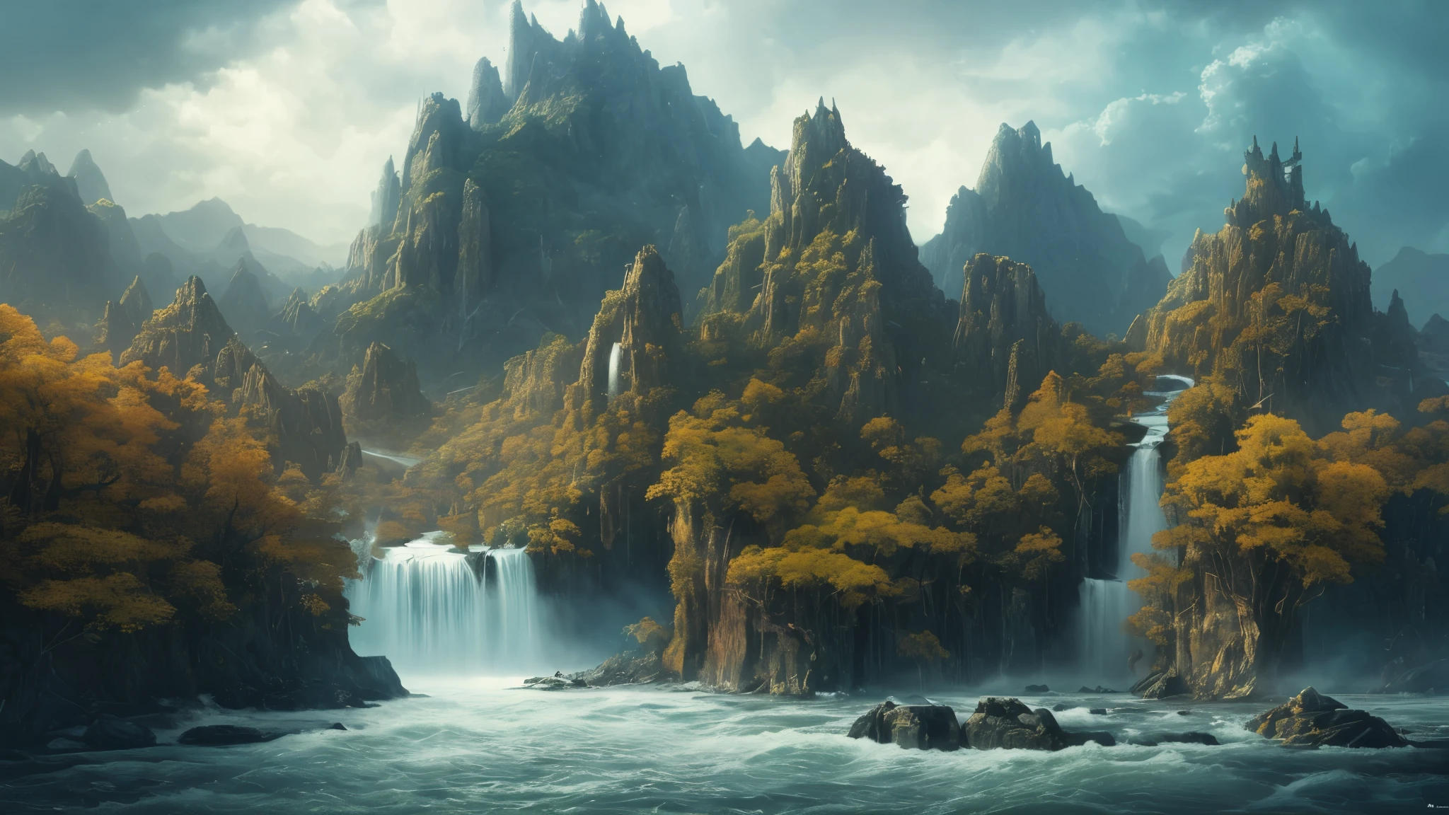 masterpiece, best quality, high quality, extremely detailed CG unity 8k wallpaper, scenery, outdoors, sky, cloud, day, no humans, mountain, landscape, water, tree, blue sky, waterfall, cliff, nature, lake, river, cloudy sky,award winning photography, Bokeh, Depth of Field, HDR, bloom, Chromatic Aberration ,Photorealistic,extremely detailed, trending on artstation, trending on CGsociety, Intricate, High Detail, dramatic, art by midjourney