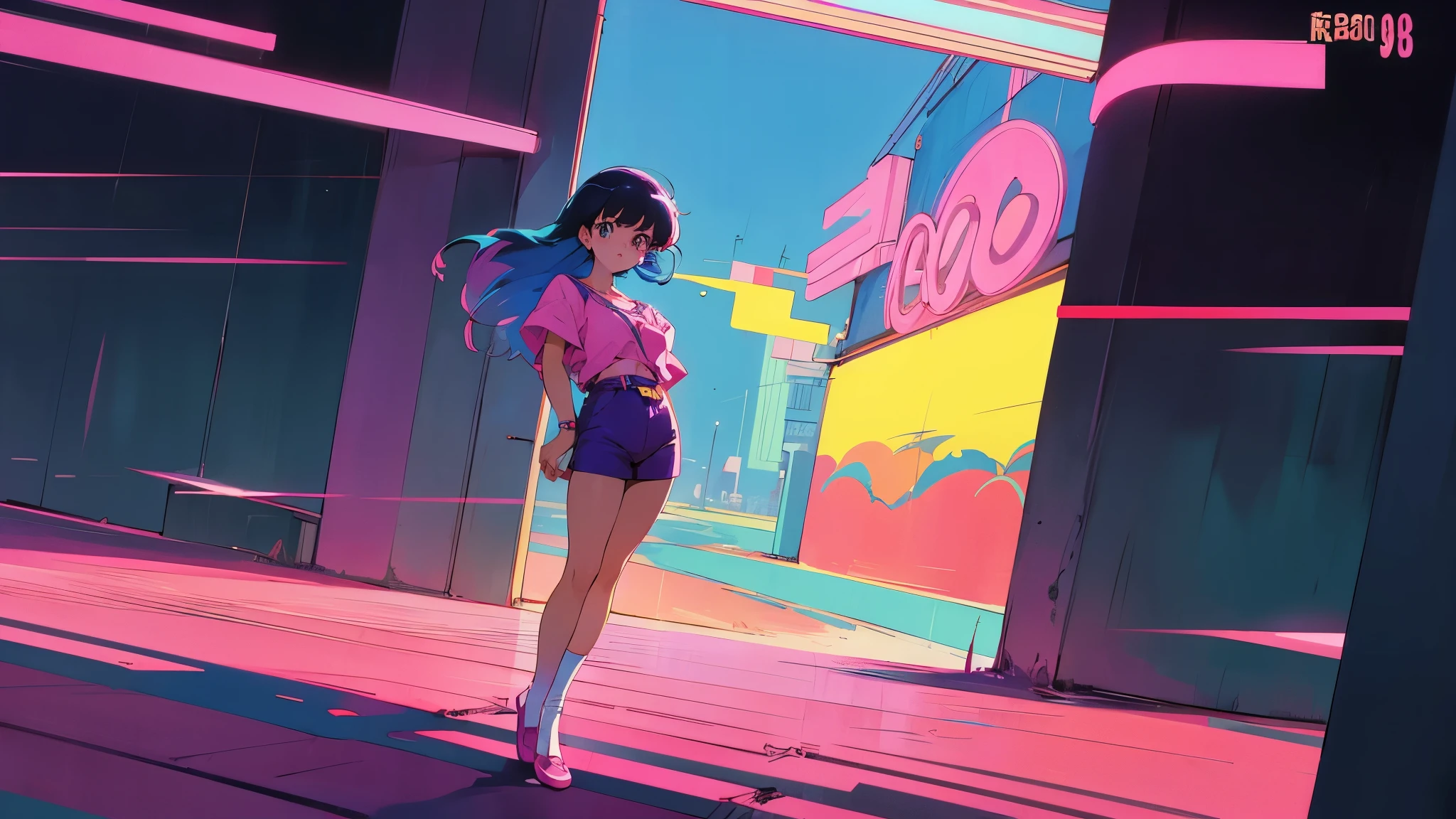 Anime girl in the night city with neon signs, 80年代のanime atmosphere, In 80&#39;s anime art style, 80&#39;s anime art style, lofi girl, 8 0 s anime style, art deco anime aesthetic, lofi art style, anime style. 8k, 1980's anime style, anime atmosphere