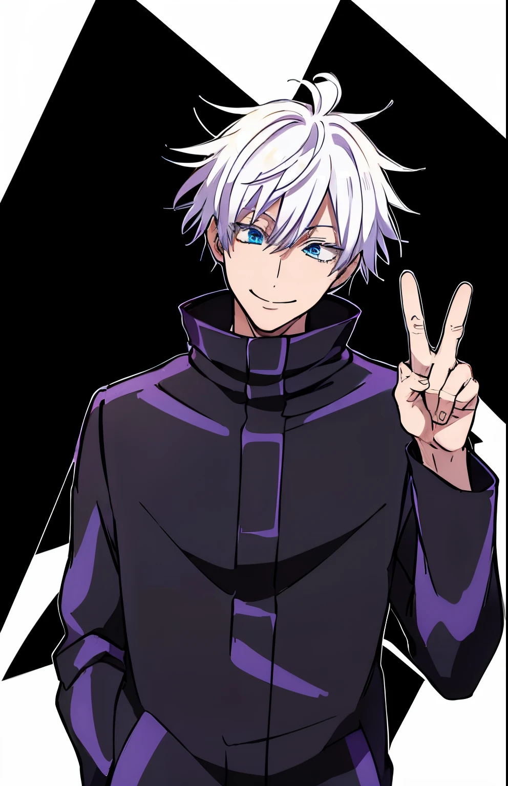 stylized anime, portrait, 1 go6, masucline features, white hair, satoru gojo, blue eyes, smiling,popped collar, black jacket, white background, winking, giving the peace sign