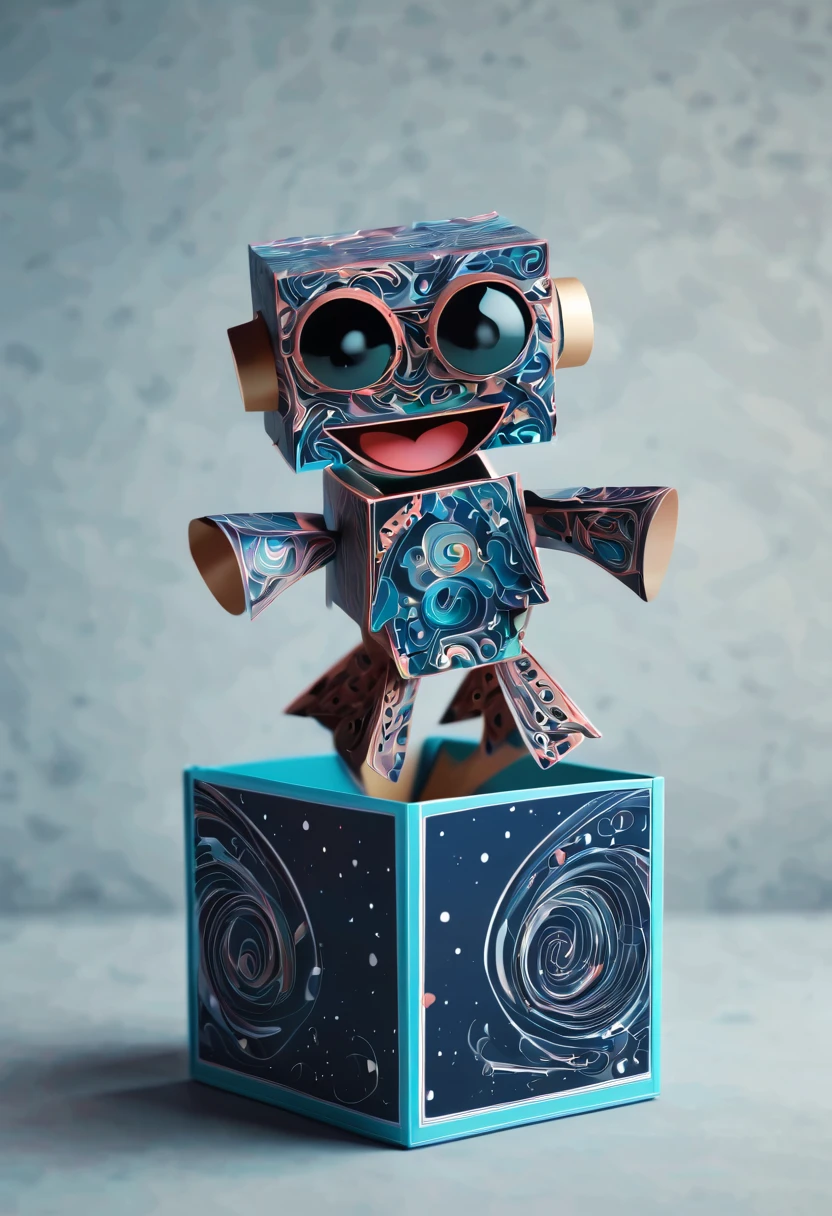 (best quality, highres, ultra sharp), magical Machanical puppet in The Box Toy Surprise Boxes with Spring , about the curvature of space time, jumping from the box, art deco, zentangle, 3d crunch, cinematic