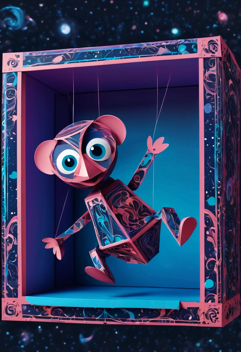 (best quality, highres, ultra sharp), magical Mechanical puppet in The Box Toy Surprise Boxes with Spring , about the curvature of space time, jumping from the box, art deco, zentangle, full colored,3d crunch, cinematic