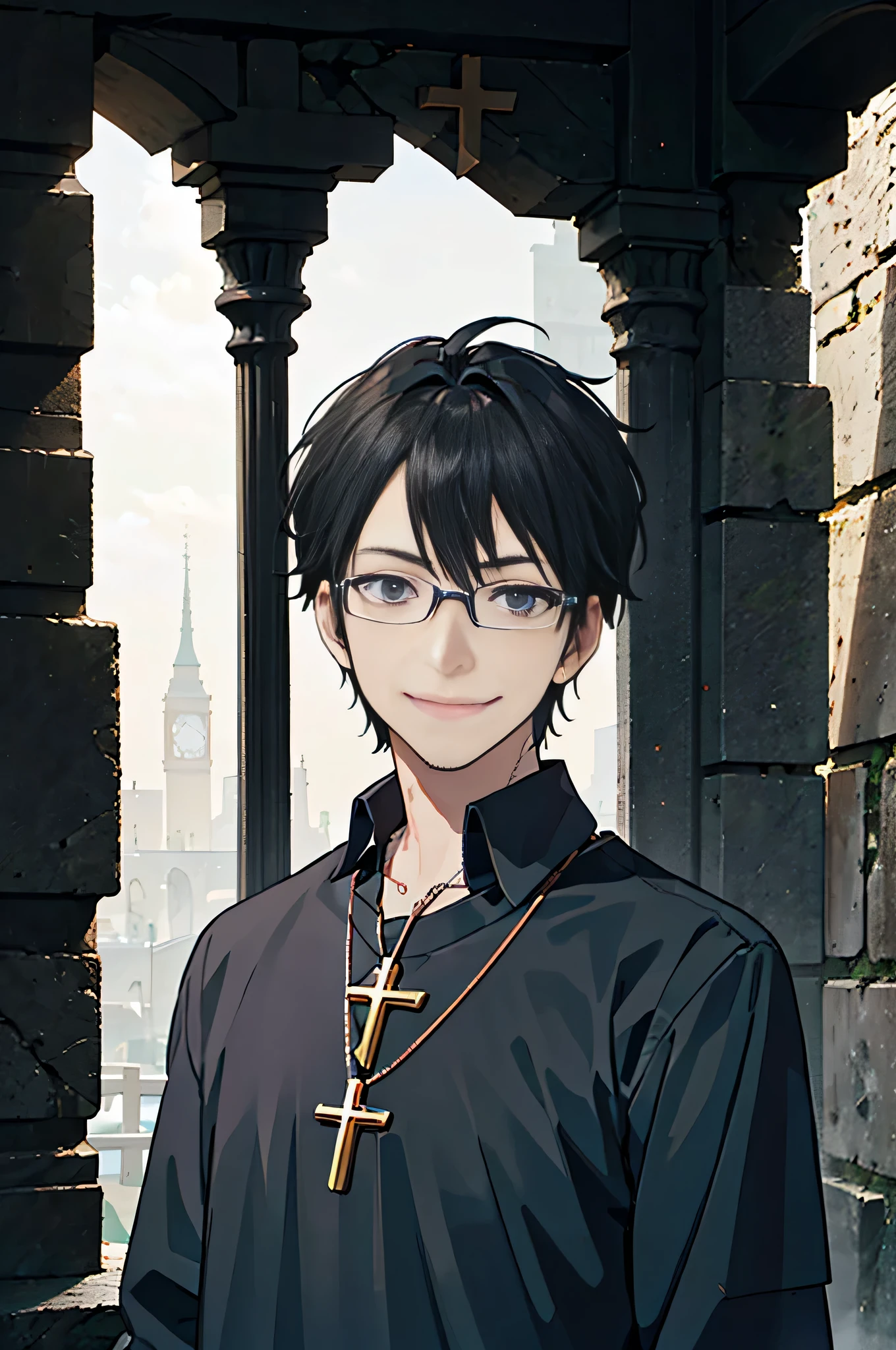 1 boy, youth, eyes staring at the camera, perfect male body, (priest,black clothes, Glasses, Bible in hand,cross necklace,evil smile),dramatic shadow, ray tracing,portrait,(masterpiece, High resolution, Super detailed:1.0),((dark cave background)),in a dark cave,