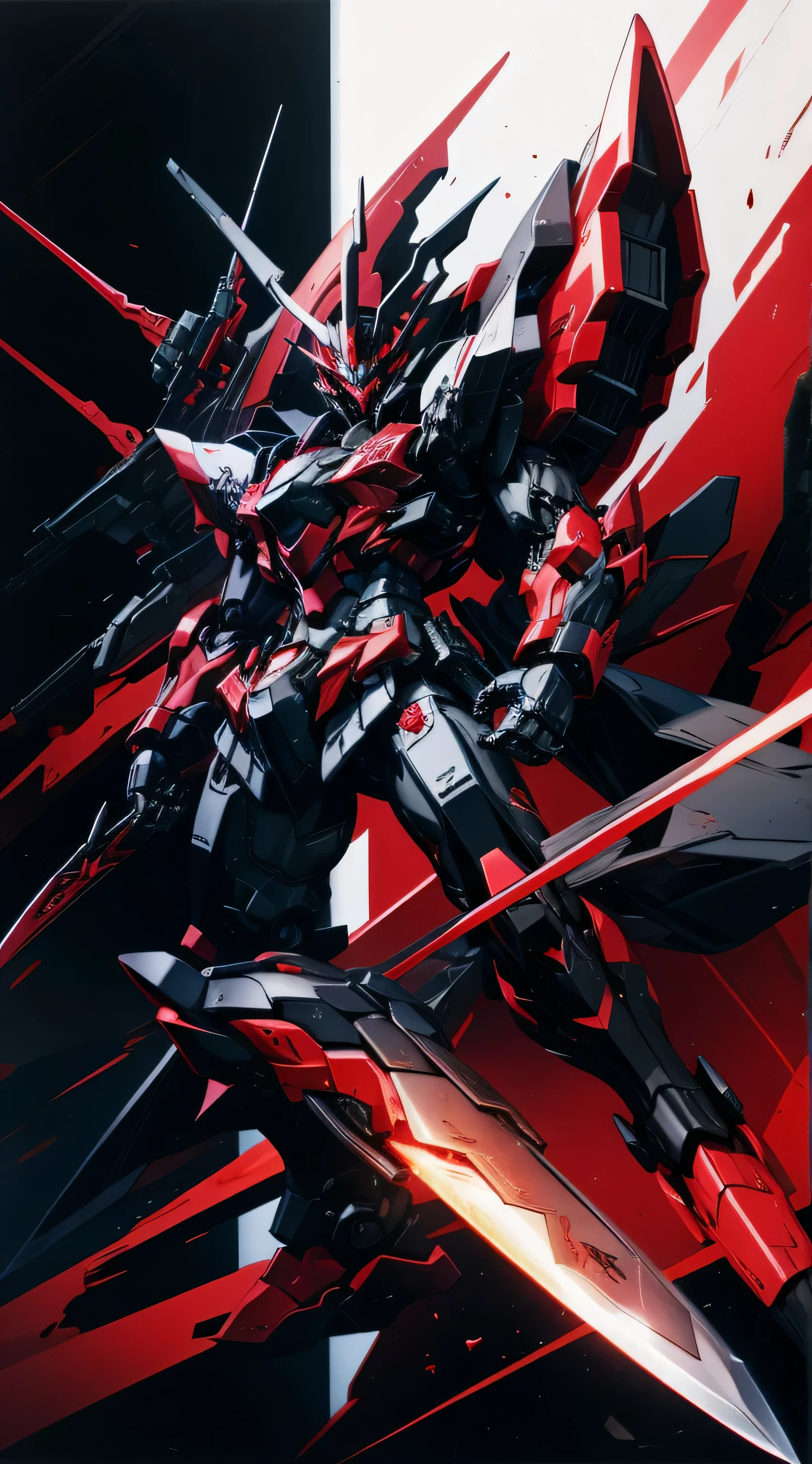 Black and red mecha knight，There is a star ring behind，in his hands，Holding a black and red Tang Dao、Top image quality