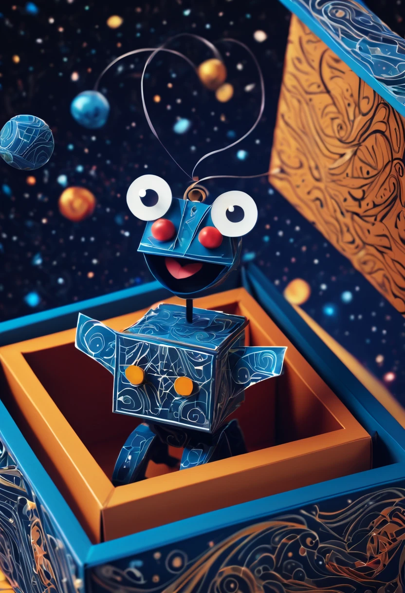 (best quality, highres, ultra sharp), magical Mechanical puppet in The Box Toy Surprise Boxes with Spring , about the curvature of space time, jumping from the box, art deco, zentangle, full colored,3d crunch, cinematic