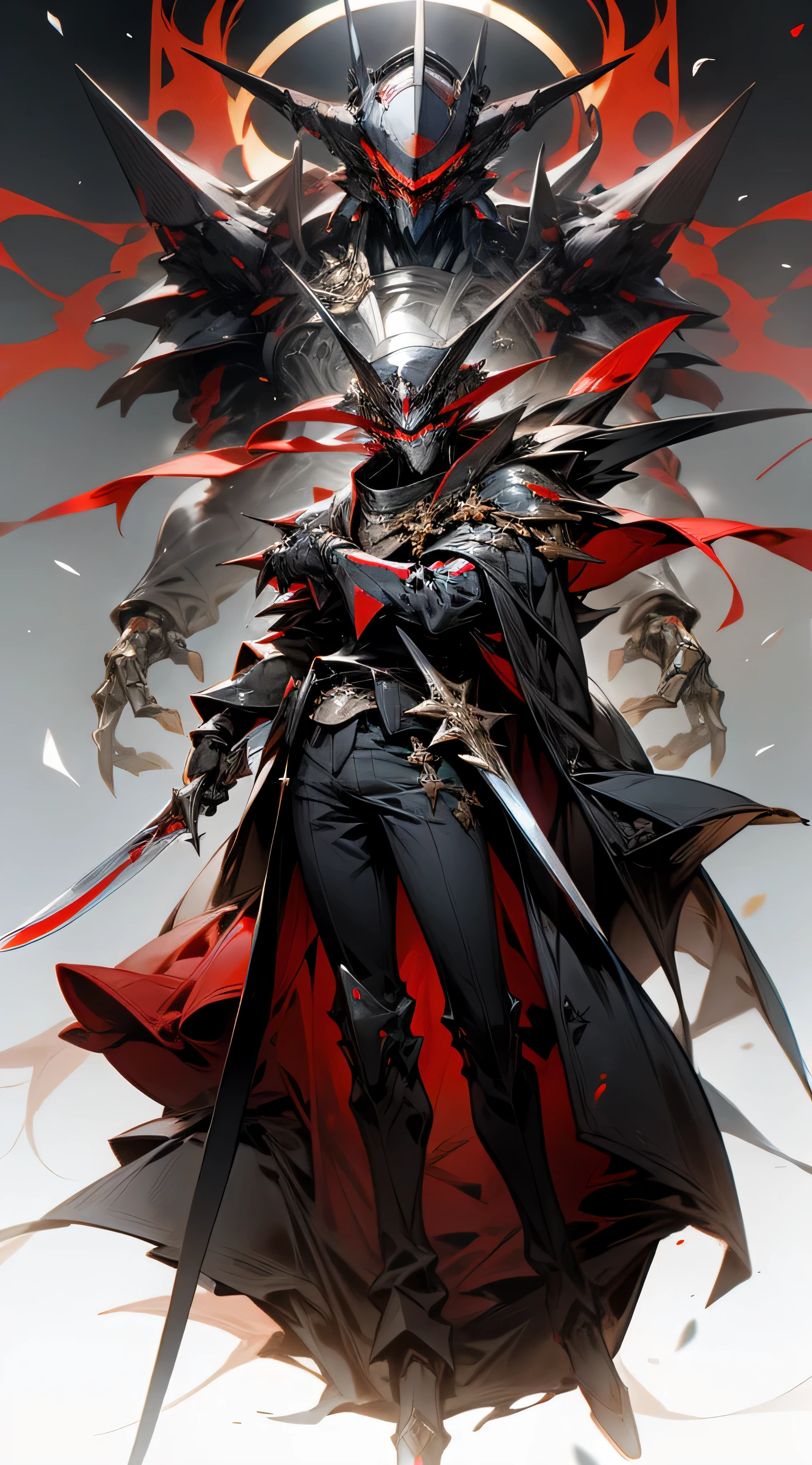 Black and red mecha knight,There is a star ring behind,Holding a huge black and red Tang knife in his hand、Top image quality