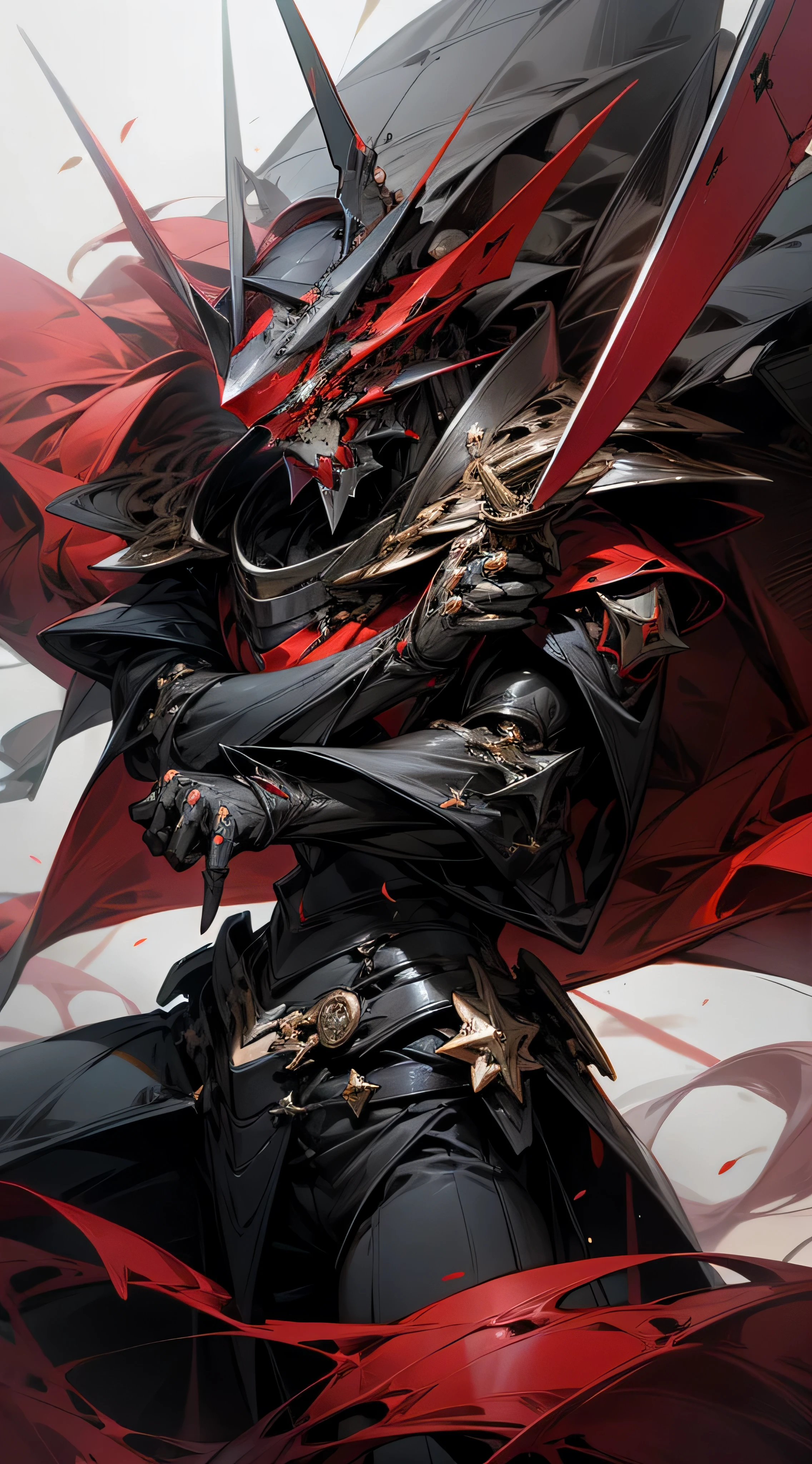 Black and red mecha knight，There is a star ring behind，Holding a huge black and red Tang knife in his hand、Top image quality