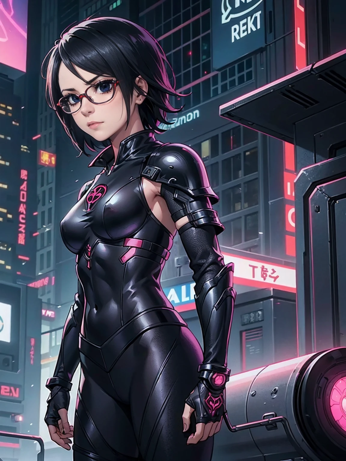 (Original, small breasts, 1girl, solo, looking back), (very detailed wallpaper) , (best quality) , (work of art) ,struggling posture, artistic dedication, very detailed illustrations, (pink lipstick) , beautiful eyes, (Delicate Face) , perfect detail, (best lighting ), (super complex details), ((Alone, Sarada Uchiha, ((black eyes)), (wearing glasses, short hair, serious facial expression), Staring, confident)), (((black armor, dark armor, female armor, Fae Armor, daedricarmor, darkness shild, cyberpunk armor))), (cyberpunk background, cyberpunk city), night, moon, city, (((muscular, fitness, hot)))
