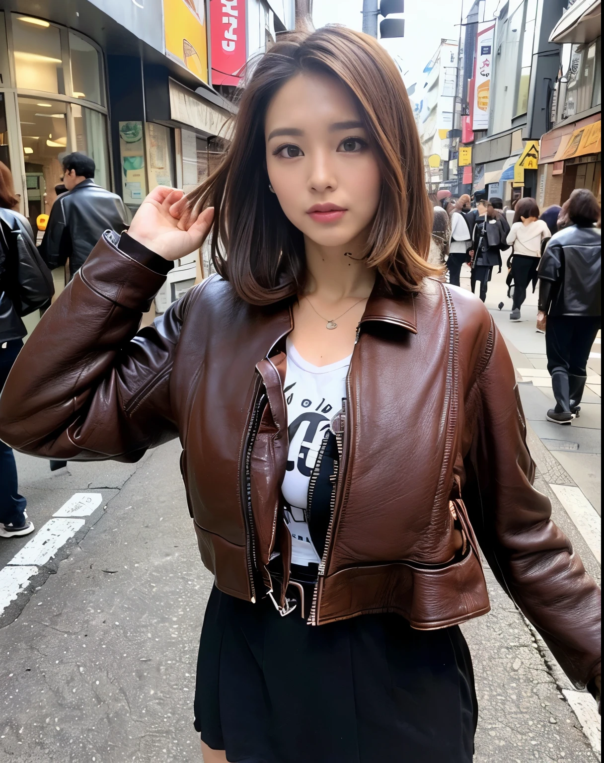 ((best qualtiy, 8K, tmasterpiece:1.3)),(1girl,Sharp:1.2, perfect figure beautiful woman:1.4, Slim abs:1.2,) ((Layered Hair Style, huge tit:1.3)),((Highly detailed facial and skin texture,A detailed eye,Black eye,double eyelid)),(japan girl:1.5)(Brown Hair)(Leather Jacket:1.8),(Japan street:1.3)