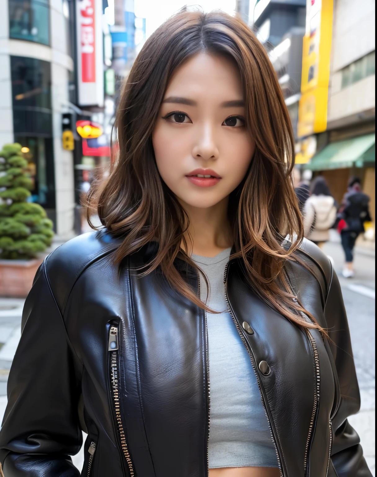 ((best qualtiy, 8K, tmasterpiece:1.3)),(1girl,Sharp:1.2, perfect figure beautiful woman:1.4, Slim abs:1.2,) ((Layered Hair Style, huge tit:1.3)),((Highly detailed facial and skin texture,A detailed eye,Black eye,double eyelid)),(japan girl:1.5)(Brown Hair)(Leather Jacket:1.5),(Japan street:1.3)