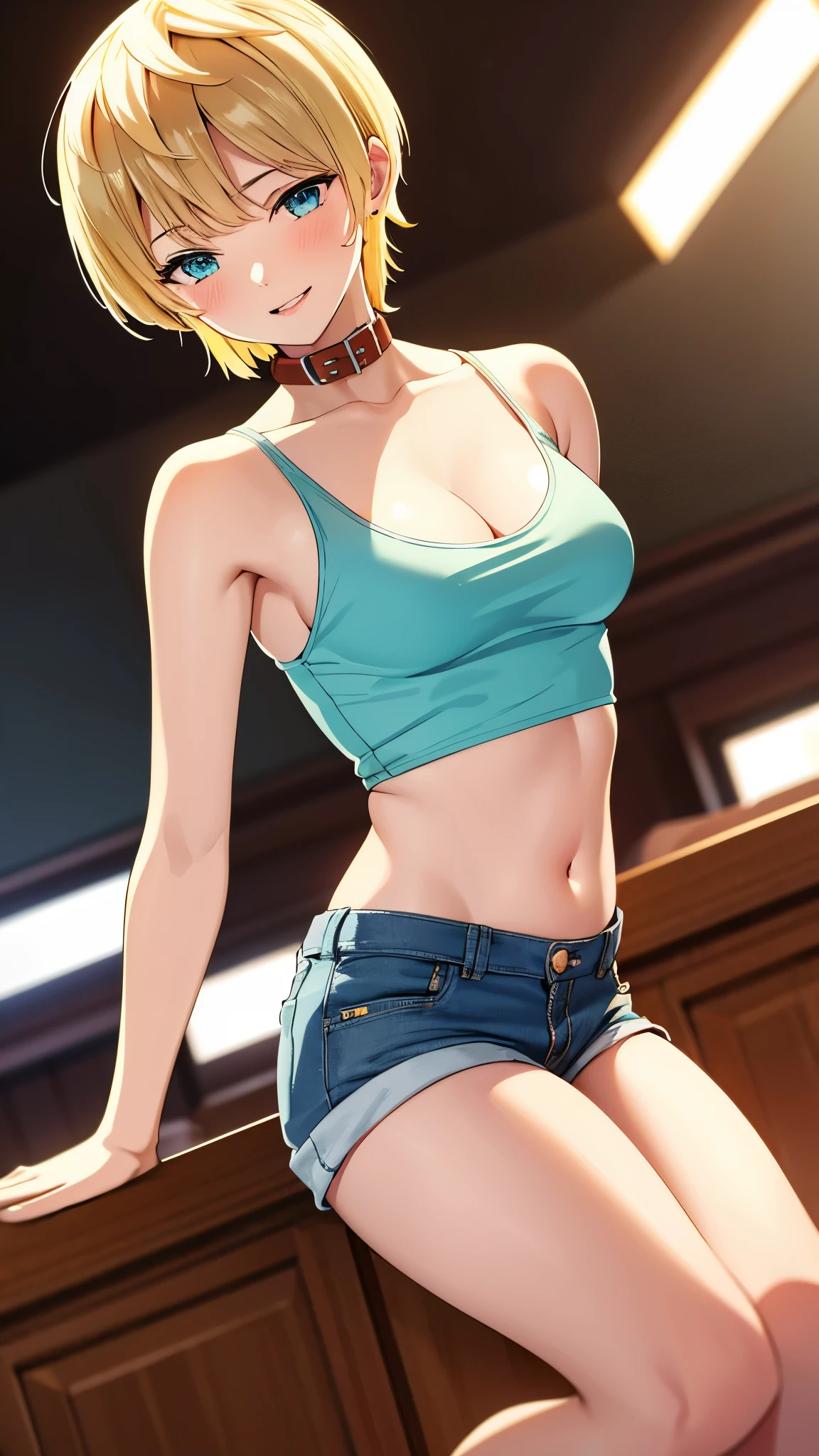 masterpiece, highres, solo, 8k, detailed, perfect face, (ultra high quality), looking viewers, collar bones, armpit, medium breast, sideboobs, cleavage, yellow hair, light hair, short hair, green blue eyes, belly, stomach, navel, crop tanktop, denim short, mini short, slim body, smile, blush, thigh