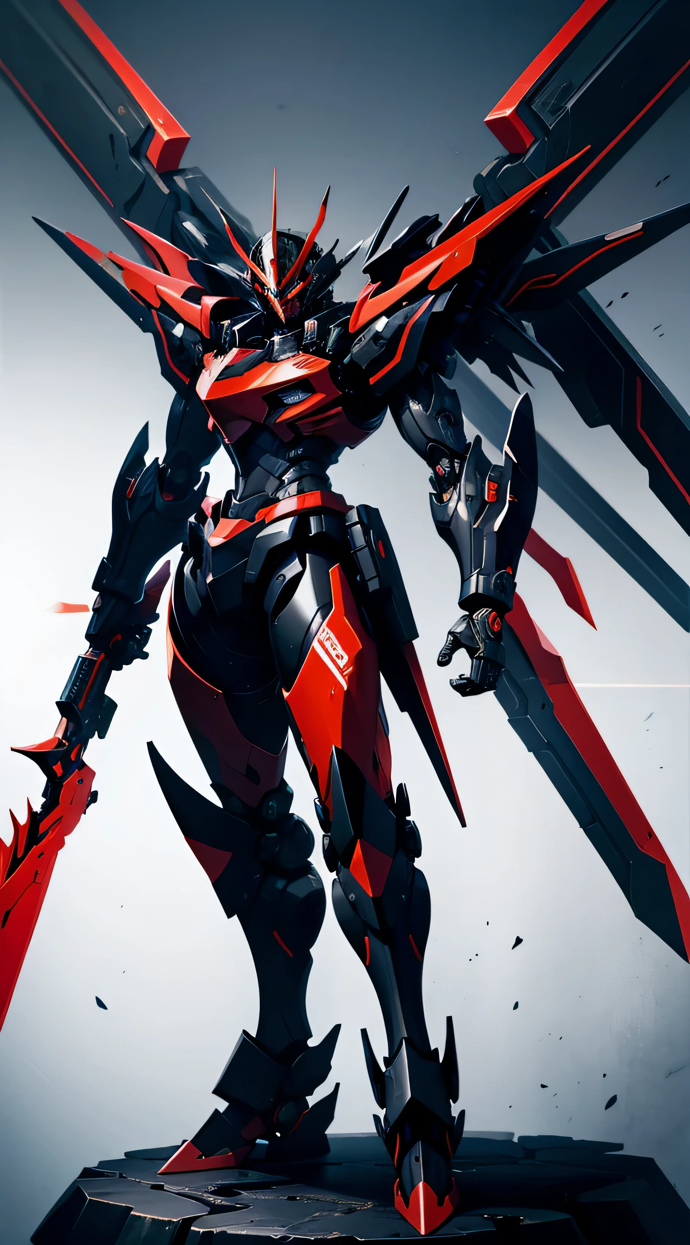 Black and red mecha knight，1：3 There is a star ring behind，Holding a huge black and red Tang knife in his hand、Top image quality
