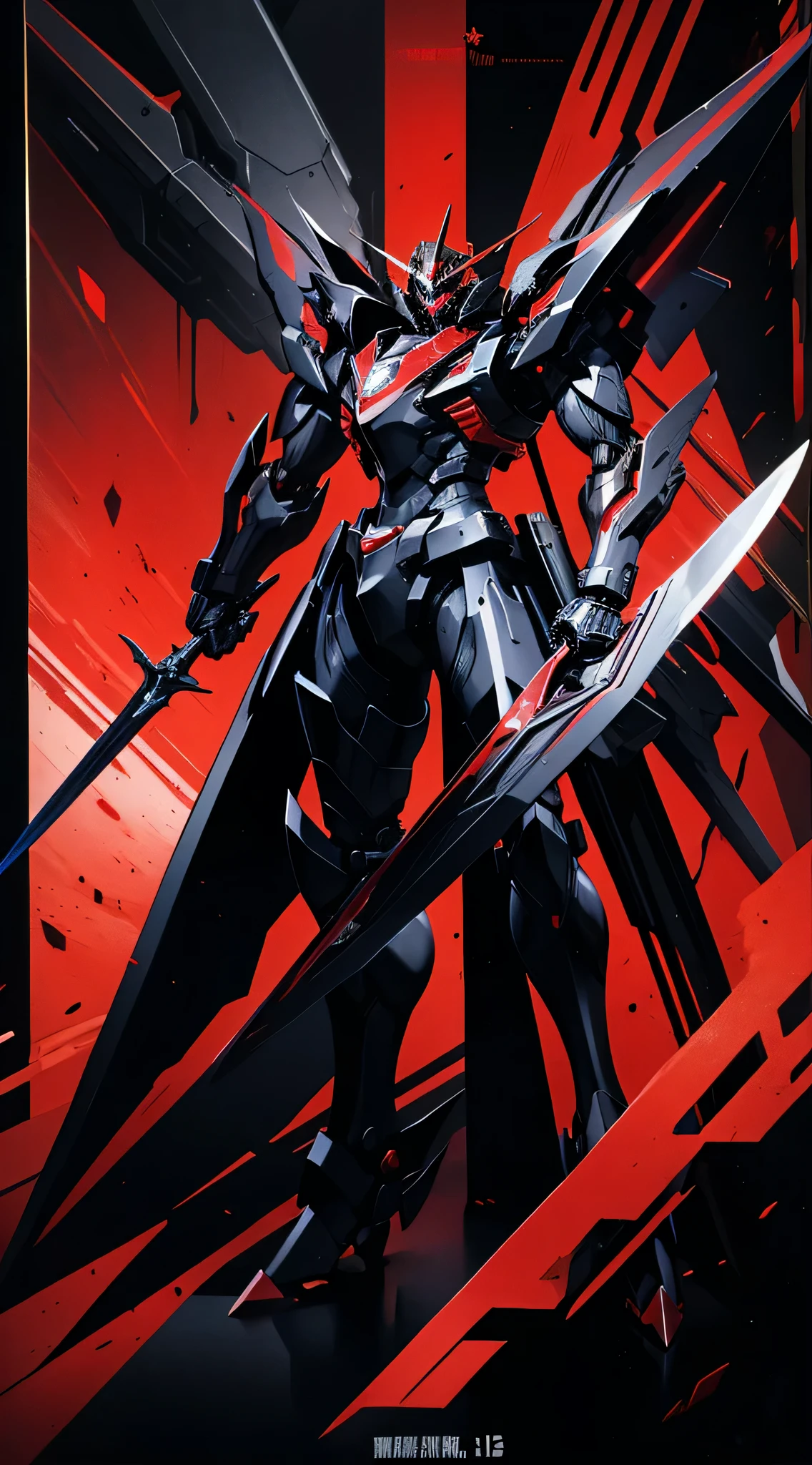Black and red mecha knight,1:3 There is a star ring behind,Holding a huge black and red Tang knife in his hand、Top image quality