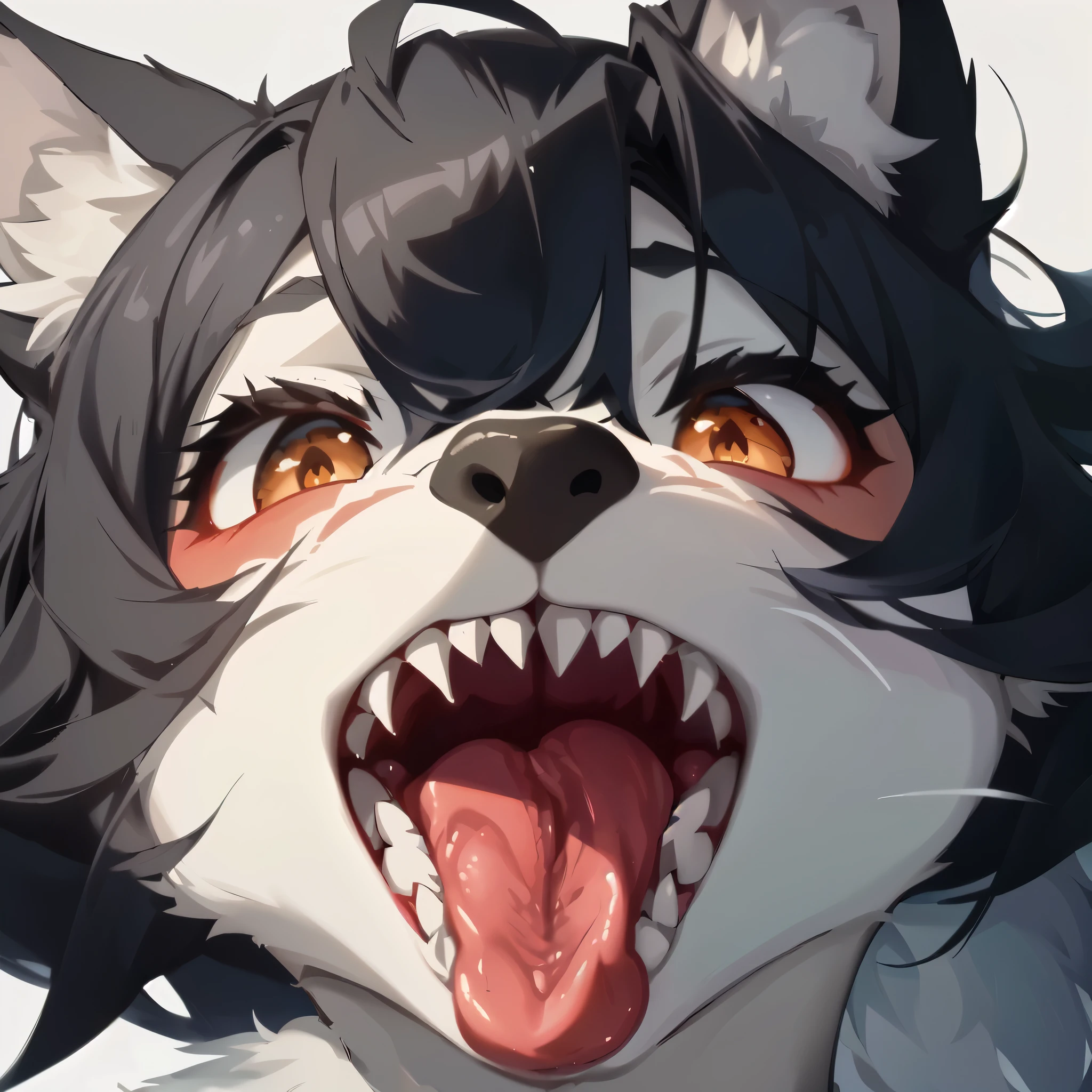 (highest quality, 8k, 32K, masterpiece, Hmm:1.2), High resolution, sharp focus, detailed costume, beautiful fine hair, delicate details, Cartoon wolf girl with open mouth showing teeth , 1 girl, (((furry female))), furry, body hair, facial fur, alone, animal nose, All black hair, ((sharp teeth)), throw, no background, (close up face), (looking at the viewer), raise your head, not wearing headgear,mawshot, open your mouth, realistic mouth, realistic throat, realistic teeth, perfect teeth, perfect tongue, realistic tongue,smile