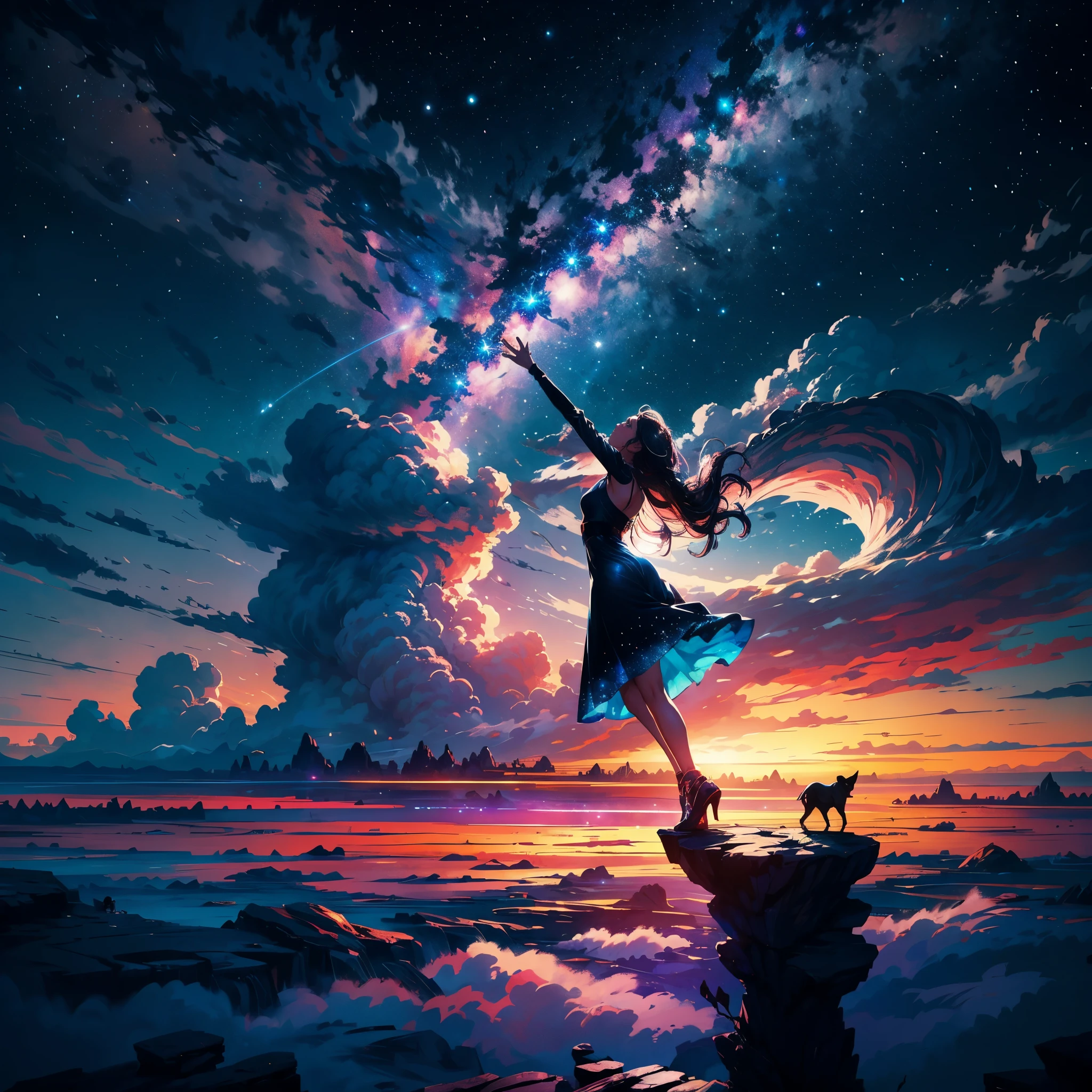 Perched upon a wispy cloud, a young girl gazes in awe at the breathtaking expanse above. The night sky comes alive with a sea of stars, twinkling like diamonds scattered across a velvet canvas. Cosmic phenomenons swirl and dance, painting streaks of vibrant colors across the vastness of space. With her hair gently tousled by the celestial breeze, the girl's silhouette stands as a witness to the beauty of the universe. Serene and filled with wonder, she becomes a part of this cosmic symphony, her presence illuminating the infinite possibilities that lie beyond the clouds.