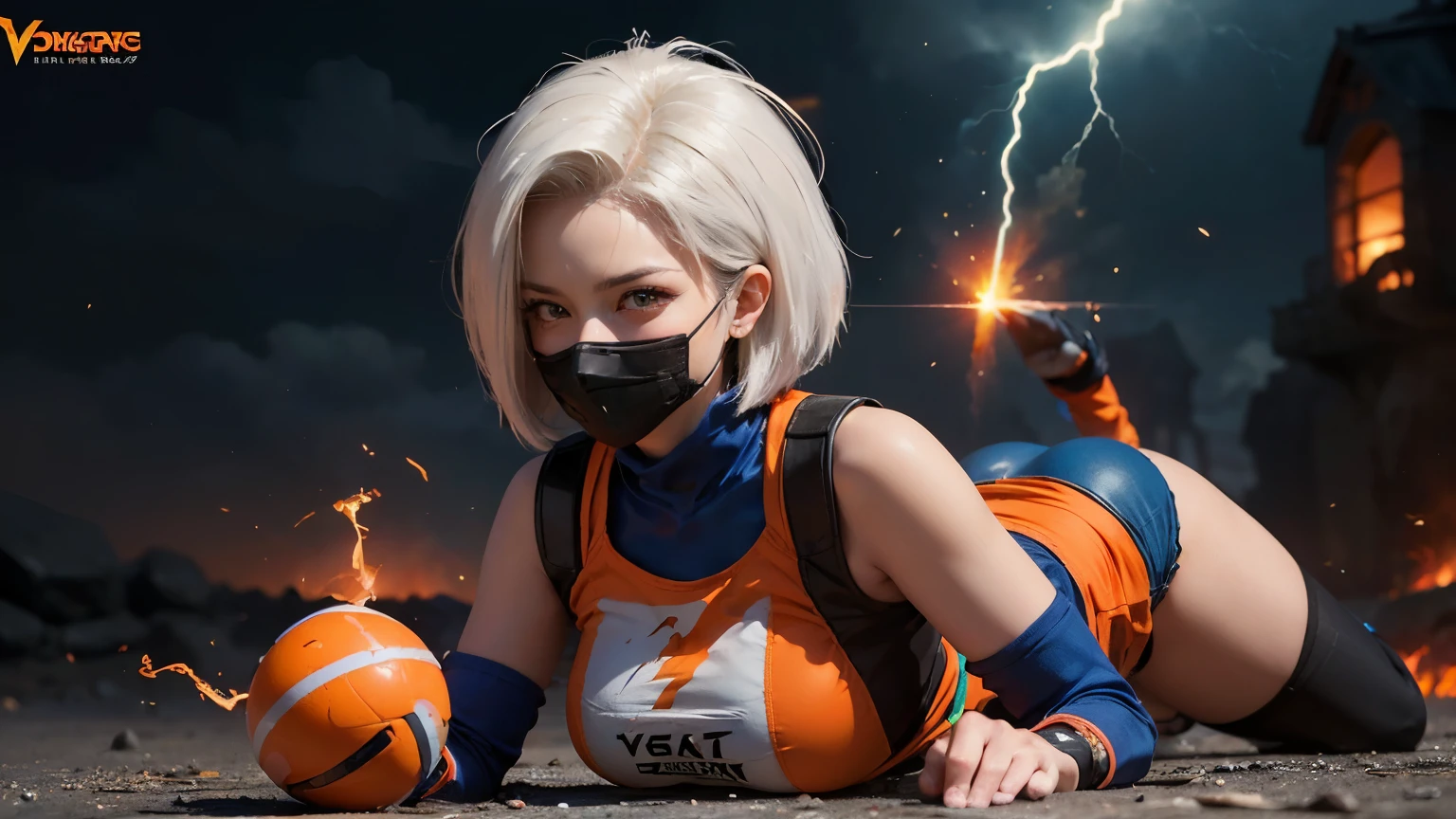 ((best quality)), ((masterpiece)), (detailed), perfect face, ((best quality)), ((masterpiece)), (detailed), Big tits girl, dragonball style, energie aura around a girl, goku, dragon ball, orange clothes,((power)), angry, energie, super powered, ((fireball on a hand)), looking ahead , ((stocking)), ((wearing orange mask)), ((volt energie around the girl)), ((sexy)), more fire, ((more dragon balls)) ,(lightning), big tits on focus, (posing with her ore dragon balls, (((android 18 character))), white hair