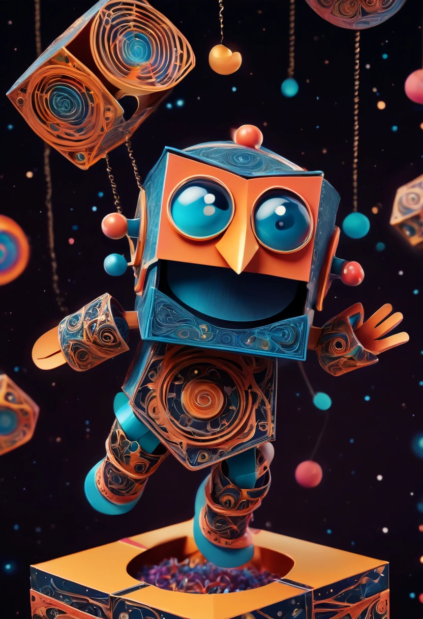 (best quality, highres, ultra sharp), magical Mechanical puppet in The Box Toy Surprise Boxes with Spring , about the curvature of space time, jumping from the box, art deco, zentangle, full colored,3d crunch, cinematic