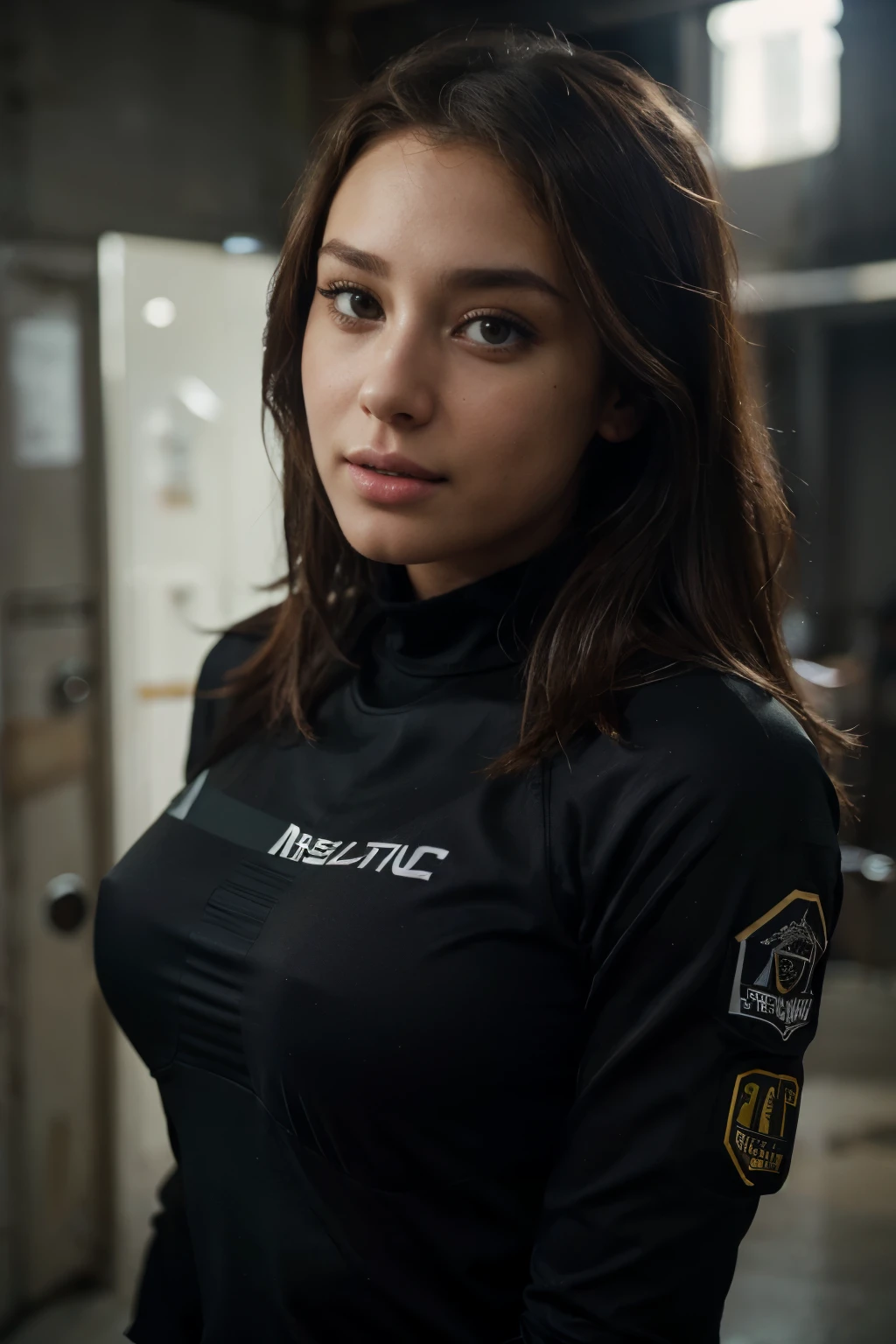 An attractive young woman with brunette hair, hazel eyes, handsome face, mischievous smile, dirty look, sexy, sexy clothing, sexy facial expression, sexy and short Technical clothing, sexy and short Tactical clothing, hot Tacticool, masterpiece, Perfect full-body shot , High resolution and sharpness, Creative and expressive lighting, Vibrant and atmospheric colors, Detailed and surprising textures, Stunning eye details, Innovative and daring composition, Surprising and captivating perspective, Artistic fidelity and precision, Creative and effective approach, Well-controlled and expressive exposure, Surprising originality and creativity, Captivating emotionality and narrative, Creative use of light and shadow, Capture unique and surprising moments, Impeccable technical competence, Harmonious tonal balance, Meticulous attention to detail, Realistic and expressive portraits, Masterful use of colors, to create unique atmospheres, impressive visual impact. portrait sophie mudd, thick neck, 19 year old female model, latina, angelawhite, violet myers, 22 years old, 21 years old, profile image, italian, italian latina, Alycia Debnam-Carey,