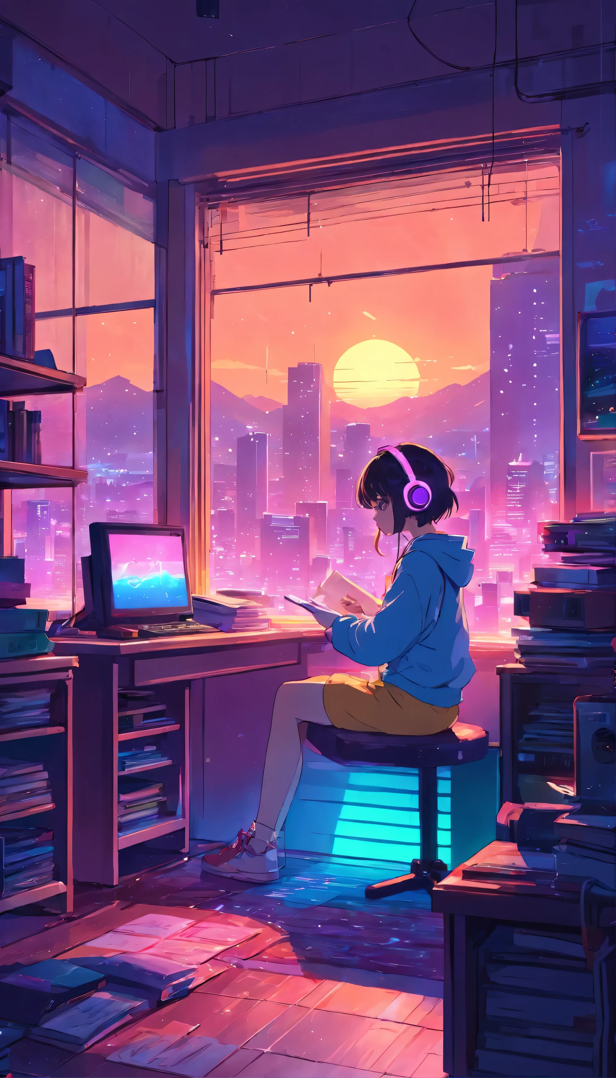 (zero),  estudando em seu quarto, lendo um livro, Use fones de ouvido, , luzes noturnas, Neon landscape on a rainy day,analog color theme, Hip Hop Lo-Fi , retrospectivo, plano, 2.5D ,Desenhe uma linha, desenho a tinta, Grande declive, Pintura aquarela, Cores Goosch, Studio Ghibli style, Impressionante colorido, Tonelada externa, Synthetic wave, arte lofi,estilo dos anos 90,Textura antiga, amplitude,90s vibe, mesa, Tecnologia tremenda, 16:escala 9