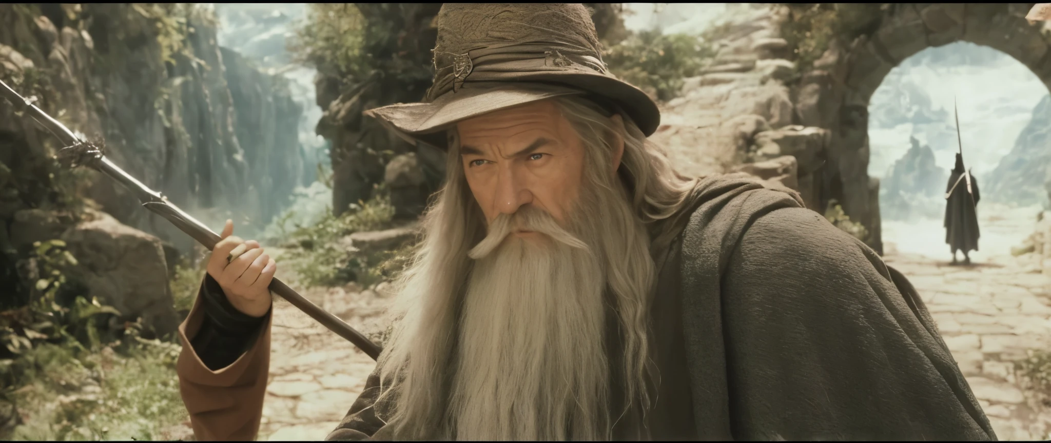 arafed man with a staff and a man with a beard, still from lord of the rings, from lord of the rings, lord of the rings, lord of the rings movie, gandalf attacks ancient athens, the lord of the rings, lord of the ring, style of lord of the rings, lord of the rings aesthetic, movie screencap