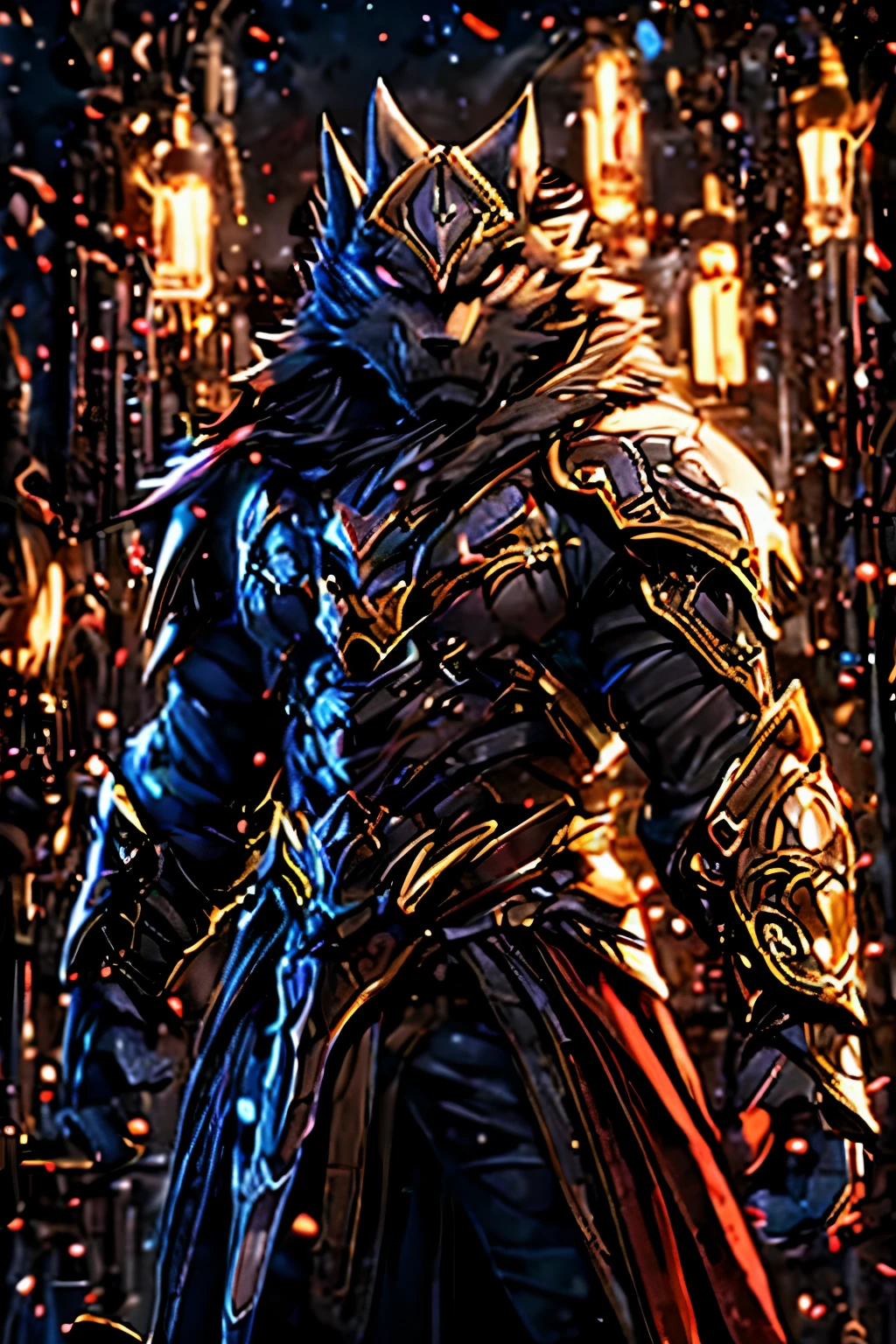 man face, Knight, messy dark hair, dark looking, angry face, scar on eye, red elements on armor, beautiful lights and shadows, background, ultra detailed fur, volumetric light, full body, warrior armor,