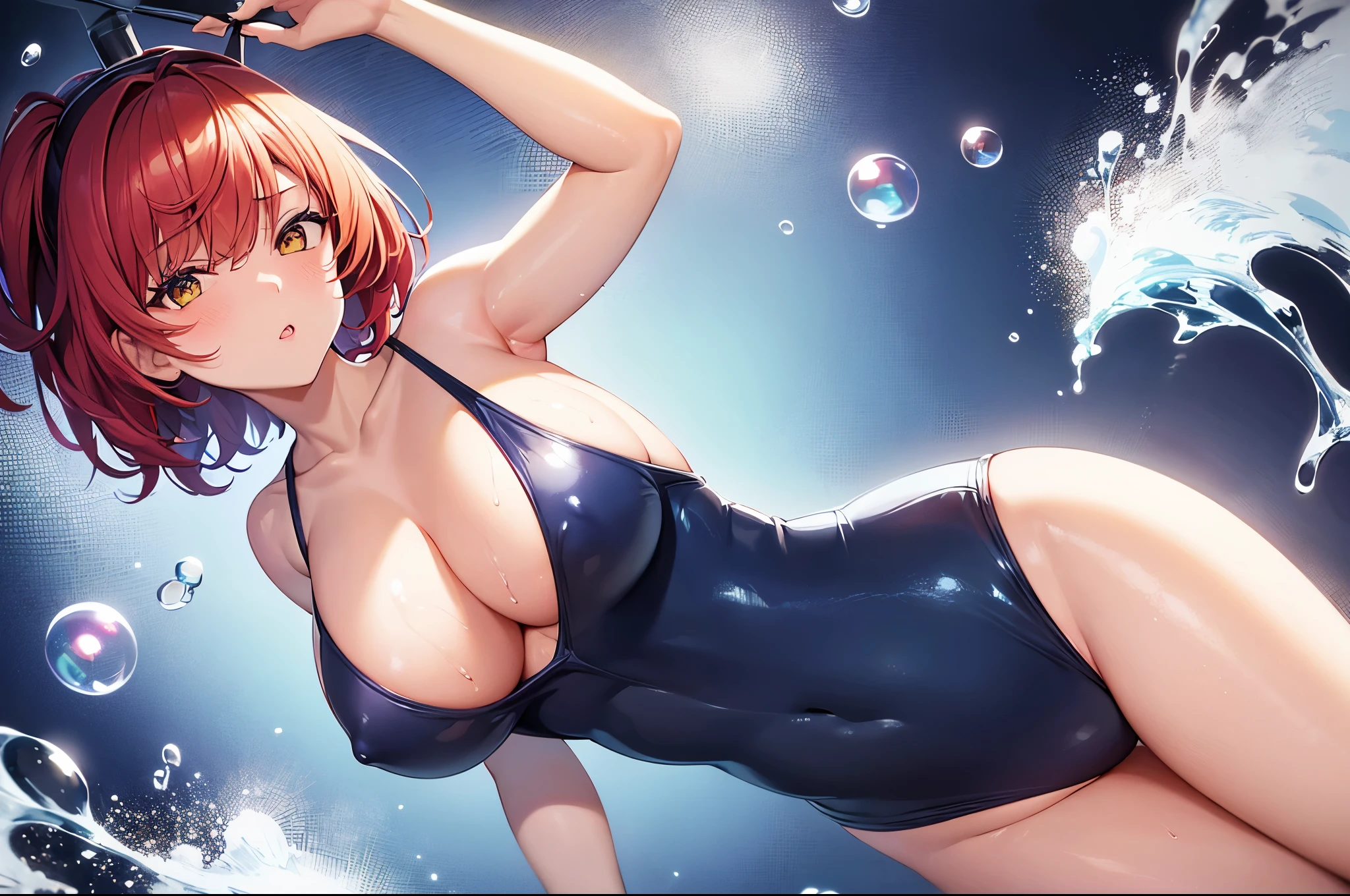 1girl, full body, wearing blue one-piece swimsuit, medium breasts, big ass, swimsuit is torn in some places, deep decollete, wet skin, skin covered with soap bubbles and cum, soap bubbles everywhere, red hair, short hair, yellow eyes, perfect anatomy, eyes half closed, wet, whet skin, realism, realistic skin, high detail, high res, 8k, masterpiece, torn clothes, look at viewer, one breast out, one nipple fully visible, blush, standing on all fours.
