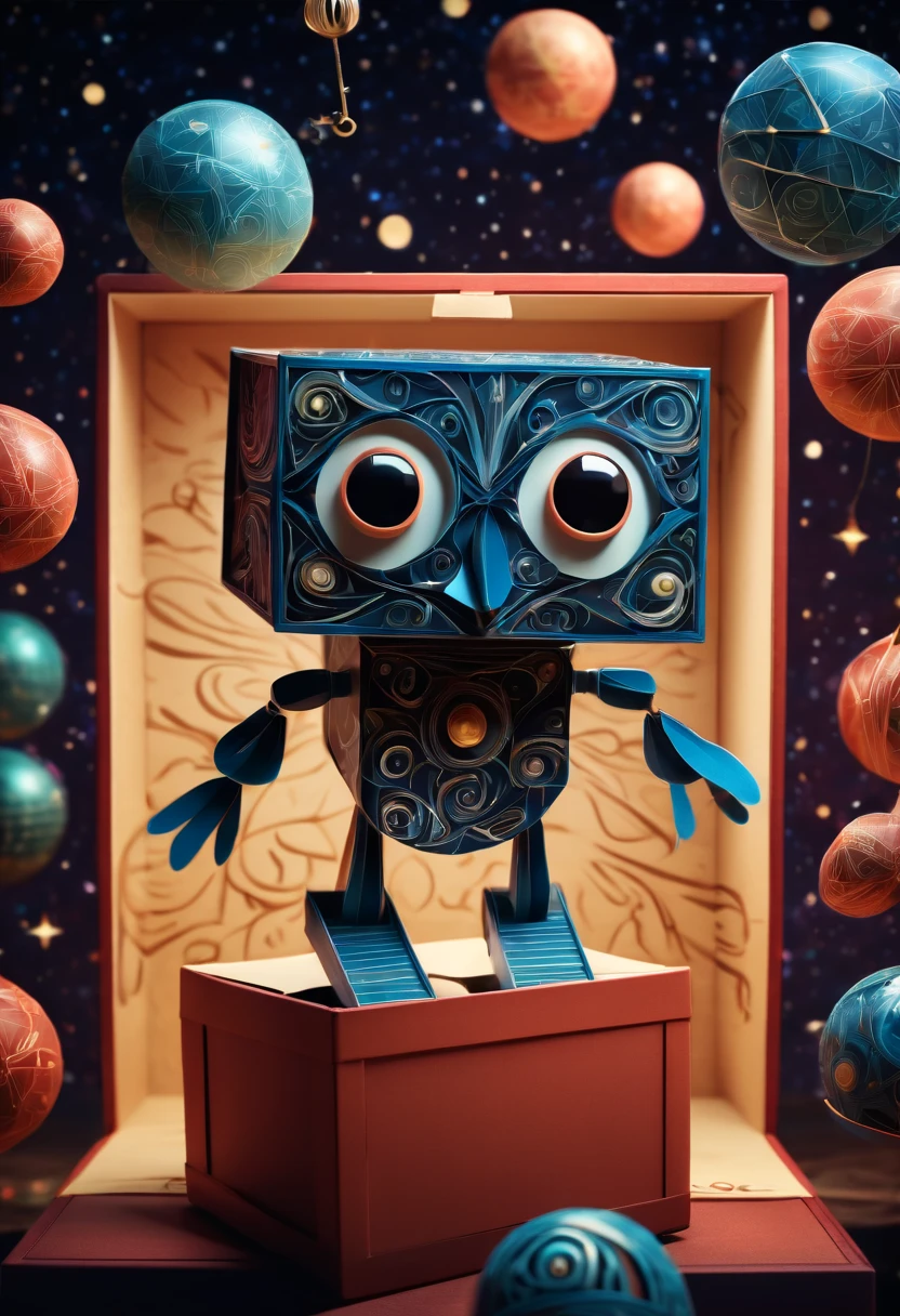 (best quality, highres, ultra sharp), magical Machanical puppet in The Box Toy Surprise Boxes with Spring , about the curvature of space time, jumping from the box, art deco, zentangle, 3d crunch, cinematic