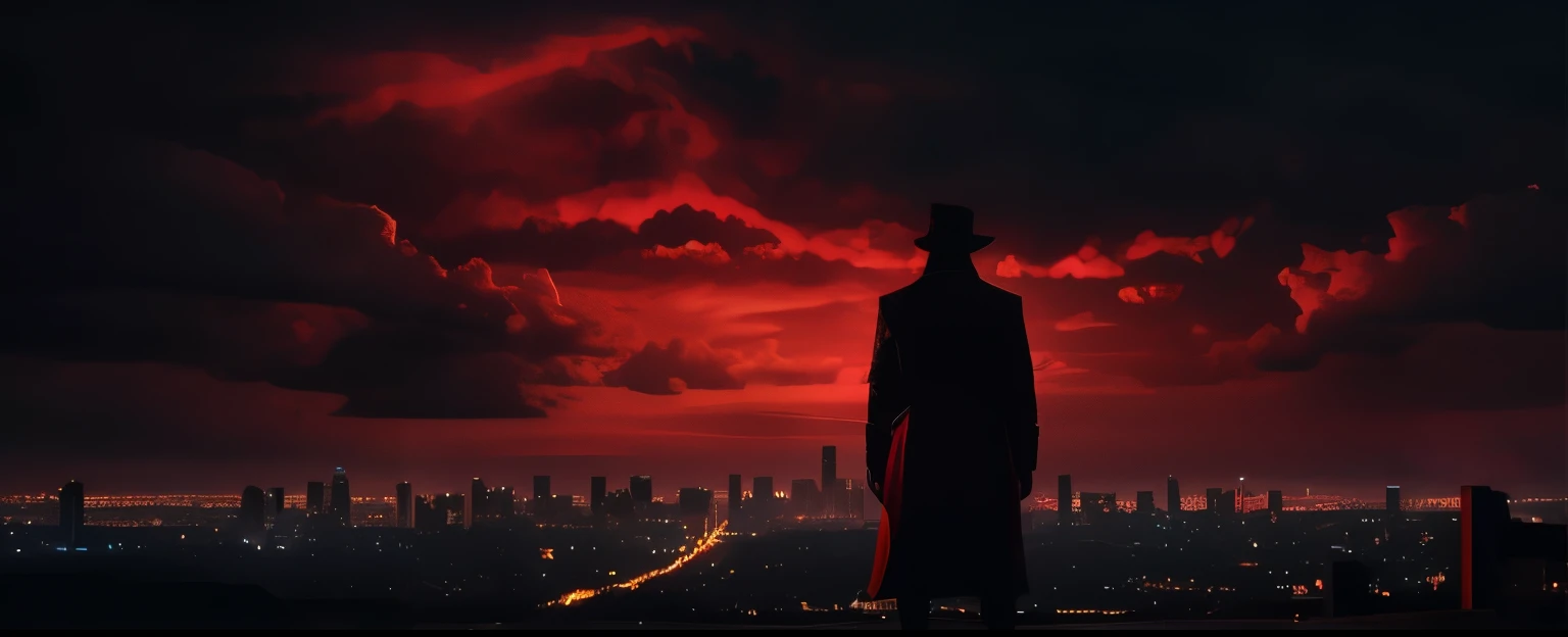 a mysterious man looking to a night city alone, darkness, shadow, criminal, 4k , cinematic, red clouds, blood sky, red, crimson