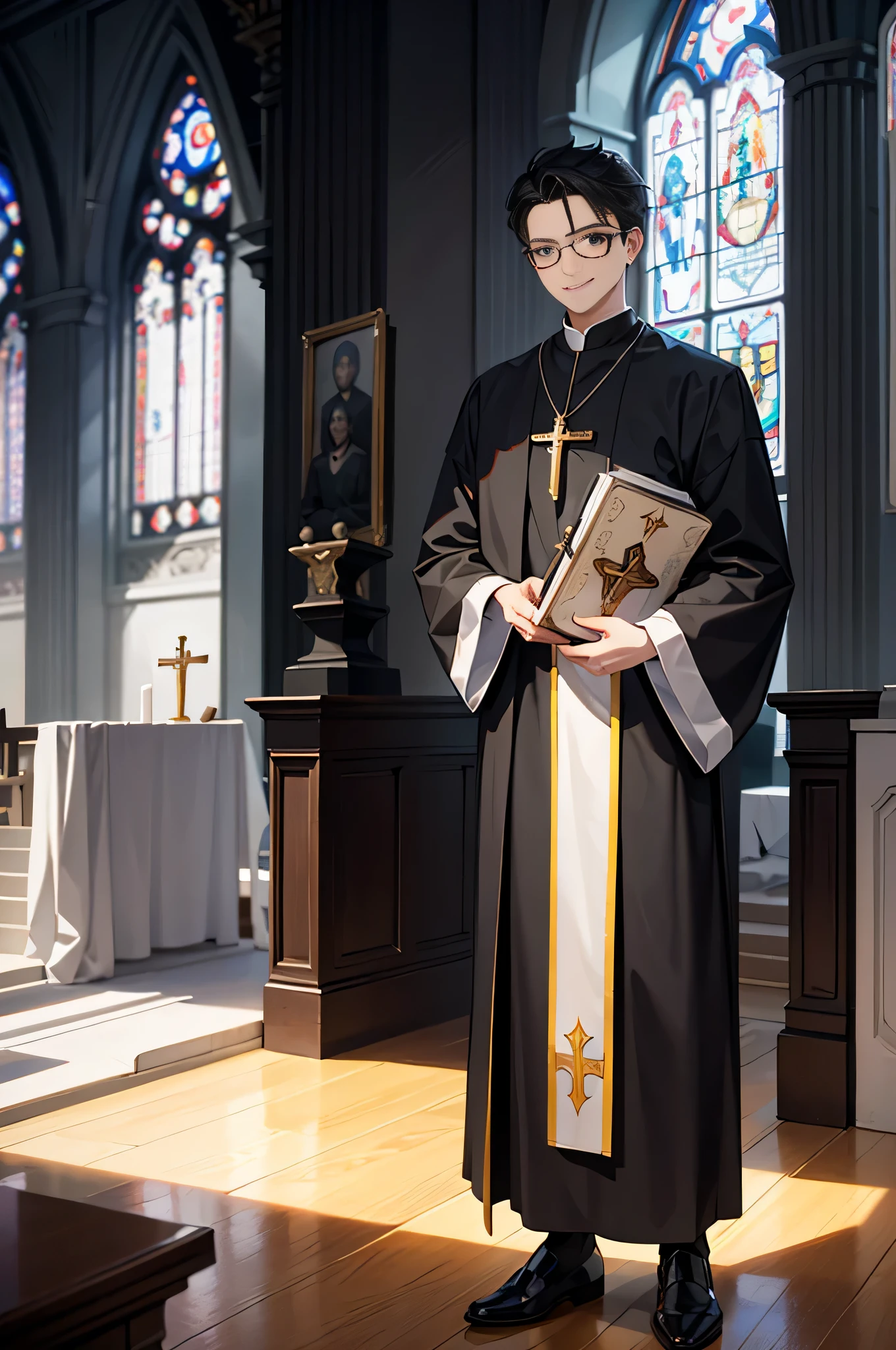 youth, look at the camera with sharp eyes, perfectly sculpted body, (priest, wearing black clothes, wearing glasses, have a bible, wearing a cross necklace, evil smile), at church, dramatic shadows, Render using raytracing, portrait, (masterpiece, High resolution, super detailed:1.0).