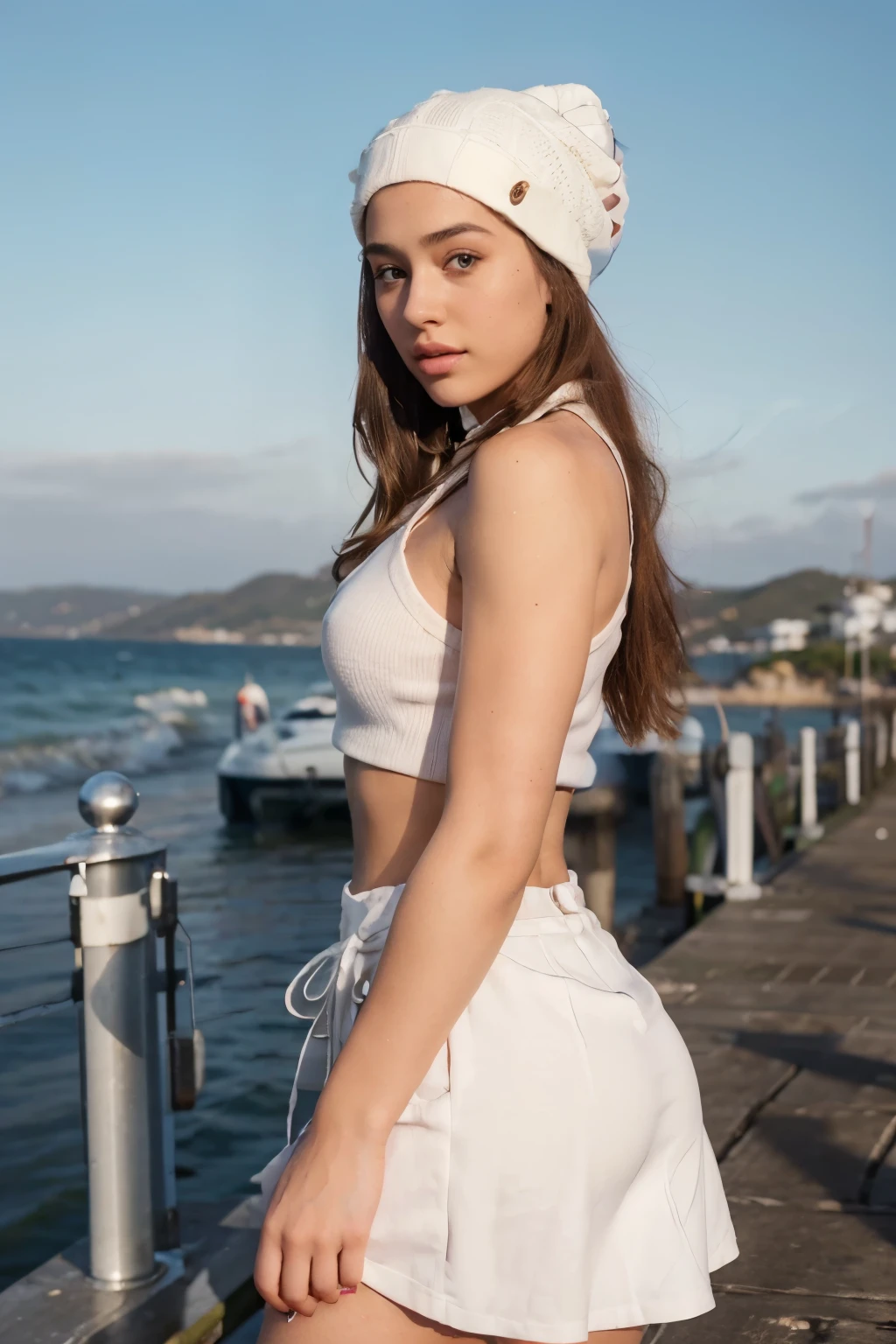 (masterpiece), (one girl 22 year old) Realistic Skin, (((Caucasian))) Intense hazel eyes with catchlights. (heavy mascara:1.2), Direct gaze. Backlit eyes. ((Digital photography)). Plump soft pink lips, latina girl with shoulder-length messy hair, she is , standing on a pier by the sea, in a ((white bobblehat)) and red palid skirt posing for a picture, woollen mini-skirt,tight woollen polo neck, midriff showing and abs, thin and athletic, show some abs, portrait sophie mudd, thick neck, 19 year old female model, latina, angelawhite, violet myers, 22 years old, 21 years old, profile image, italian, italian latina, Alycia Debnam-Carey,