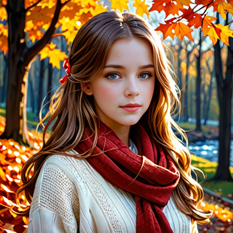 (masterpiece), best quality, ultra-detailed, illustration, warm lighting, soft lighting, bright colors, 1 girl, solo,( beautiful girl, long hair, blue eyes, ribbon, brown hair, hair between eyes, hair ribbon, sidelocks, very long hair, messy hair,) , autumn, many maple tree, maple leaves, golden leaves, fall foliage, Dried leaves, river,  crisp air,  peace, cool breeze , sweater weather,( wear white or brown sweater, red scarf, Moody fall, Wistful, Melancholy, sad ,worried, Longing,)