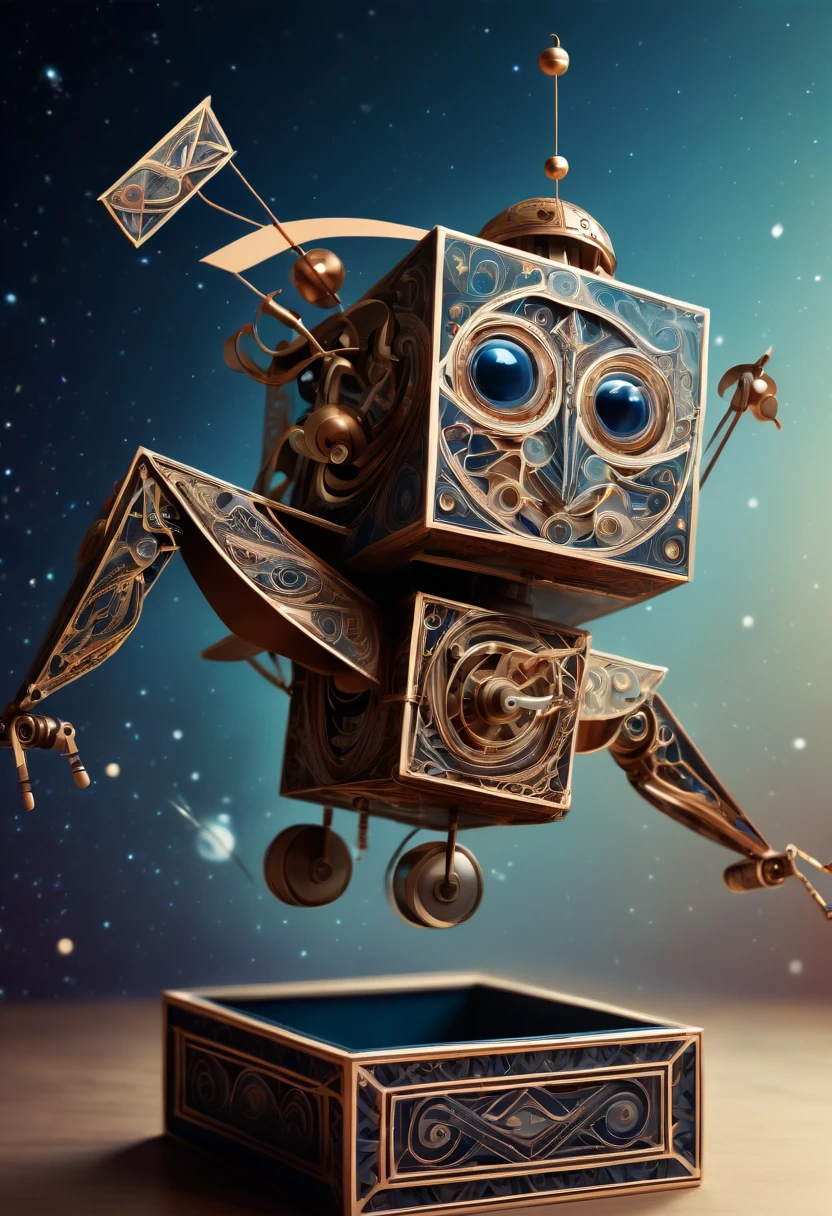 (best quality, highres, ultra sharp), magical Mechanical puppet in The Box with Spring , about the curvature of space time, jumping from the box, art deco, zentangle, 3d crunch, cinematic