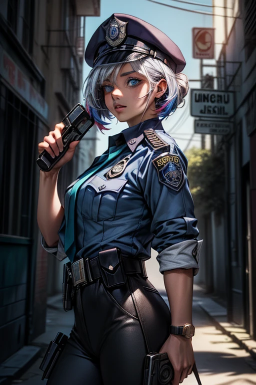 Beautiful female policeman , green short hair, blue eyes,Conceptual art, best photo shot, glowing light, realistic, UHD, textured skin, masterpiece, anatomically correct, best quality, 8k, full body,