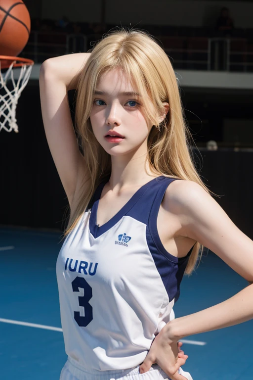 1 girl, blond hair, middle parted hair, blue eyes, armpits, collarbone, basketball shirt, basketball court.