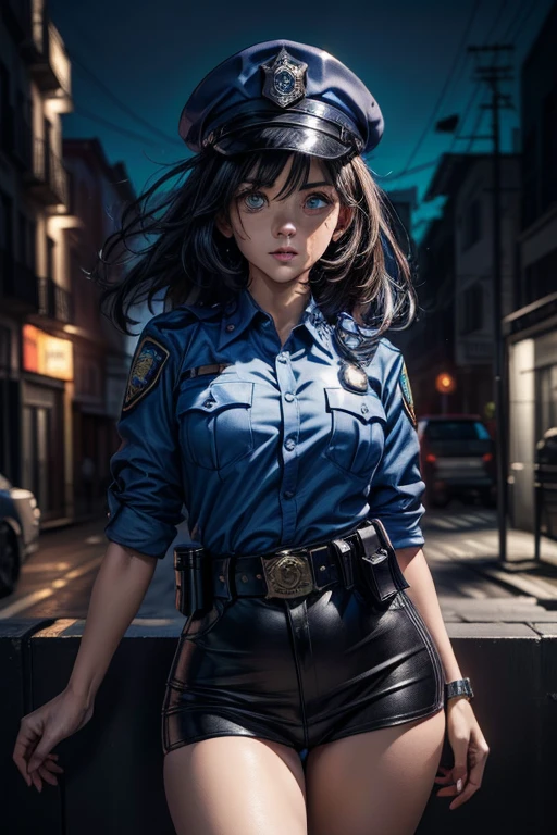 (((perfect anatomy, super detailed skin))), Mujer policia, piel brillante, pechos grandes:0.5, mirando hacia otro lado, buscando,  hermoso rostro, hermosos ojos detallados, (pelo largo:1.5, dos colas:1.7), pelo rubio,  with beautiful detailed eyes, ((dark blue eyes)), solitary images, Cuerpo hermoso,  Hermosos muslos, bonitas piernas, cara de bebe, lunar debajo del ojo, ((uniforme de mujer policia, camisa de manga corta azul claro, Corbata azul marino, minifalda de cintura alta), belt, guantes blancos, sombrero de policia,  (((apuntando al espectador, sosteniendo una pistola, pistola))), , (Hermoso paisaje), yermo, ciudad en llamas, 8K, de primera calidad, obra maestra:1.2, extremadamente detallado), (realista, photorealista:1.2), beautiful illustration, cinematic lighting.