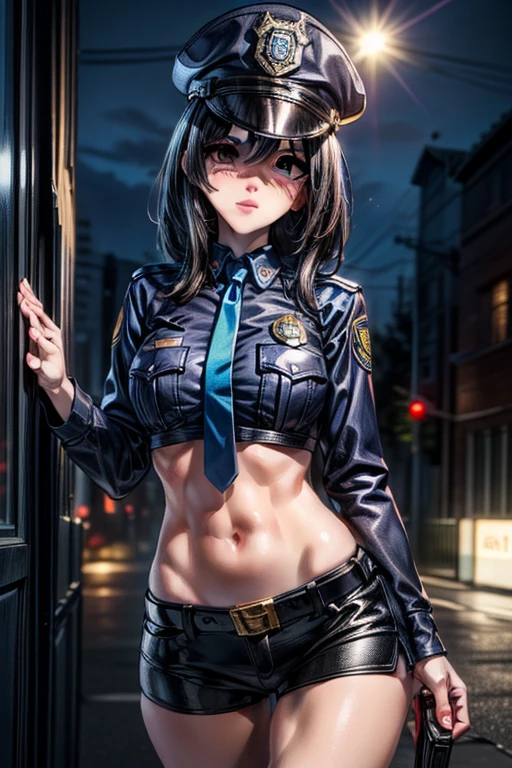 (((perfect anatomy, super detailed skin))), Mujer policia, piel brillante, pechos grandes:0.5, mirando hacia otro lado, buscando, hermoso rostro, hermosos ojos detallados, (pelo largo:1.5, dos colas:1.7), pelo rubio, with beautiful detailed eyes, ((dark blue eyes)), solitary images, Cuerpo hermoso, Hermosos muslos, bonitas piernas, cara de bebe, lunar debajo del ojo, ((uniforme de mujer policia, camisa de manga corta azul claro, Corbata azul marino, minifalda de cintura alta), belt, guantes blancos, sombrero de policia, (((apuntando al espectador, sosteniendo una pistola, pistola))), , (Hermoso paisaje), yermo, ciudad en llamas, 8K, de primera calidad, obra maestra:1.2, extremadamente detallado), (realista, photorealista:1.2), beautiful illustration, cinematic lighting.