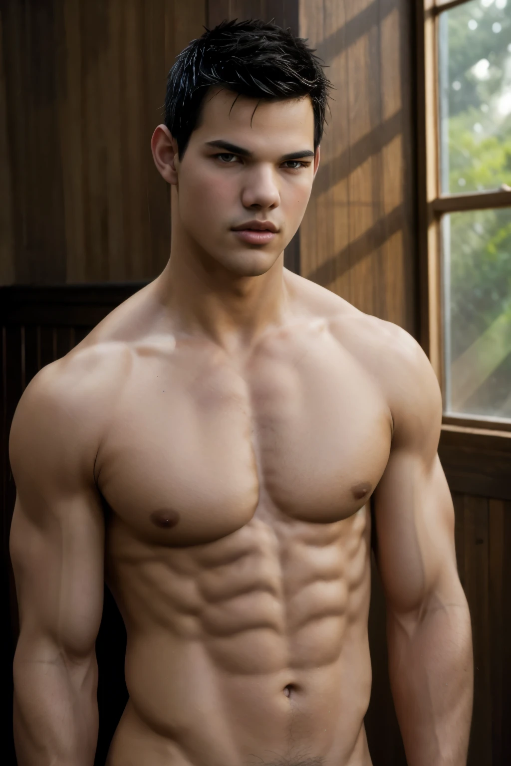 (Photorealistic photography, highres ,best quality, masterpiece:1.2), Actor Taylor Lautner posing nude, young, detailed facial features, detailed eyes, detailed hands, stylish hair, no facial hair, slim athletic physique, no body hair, penis, simple background, dramatic lighting