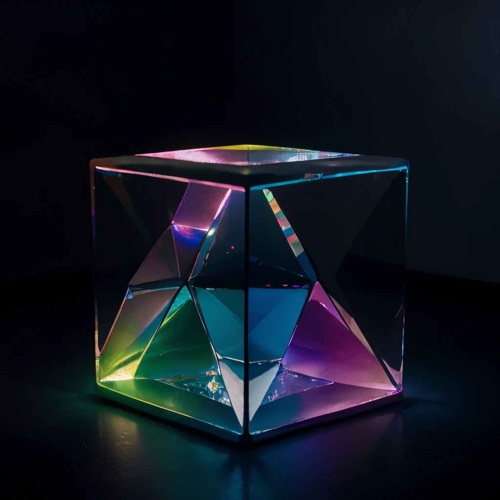 An icy cube, internal rainbow light, shiny reflections, suspended in an empty dark space