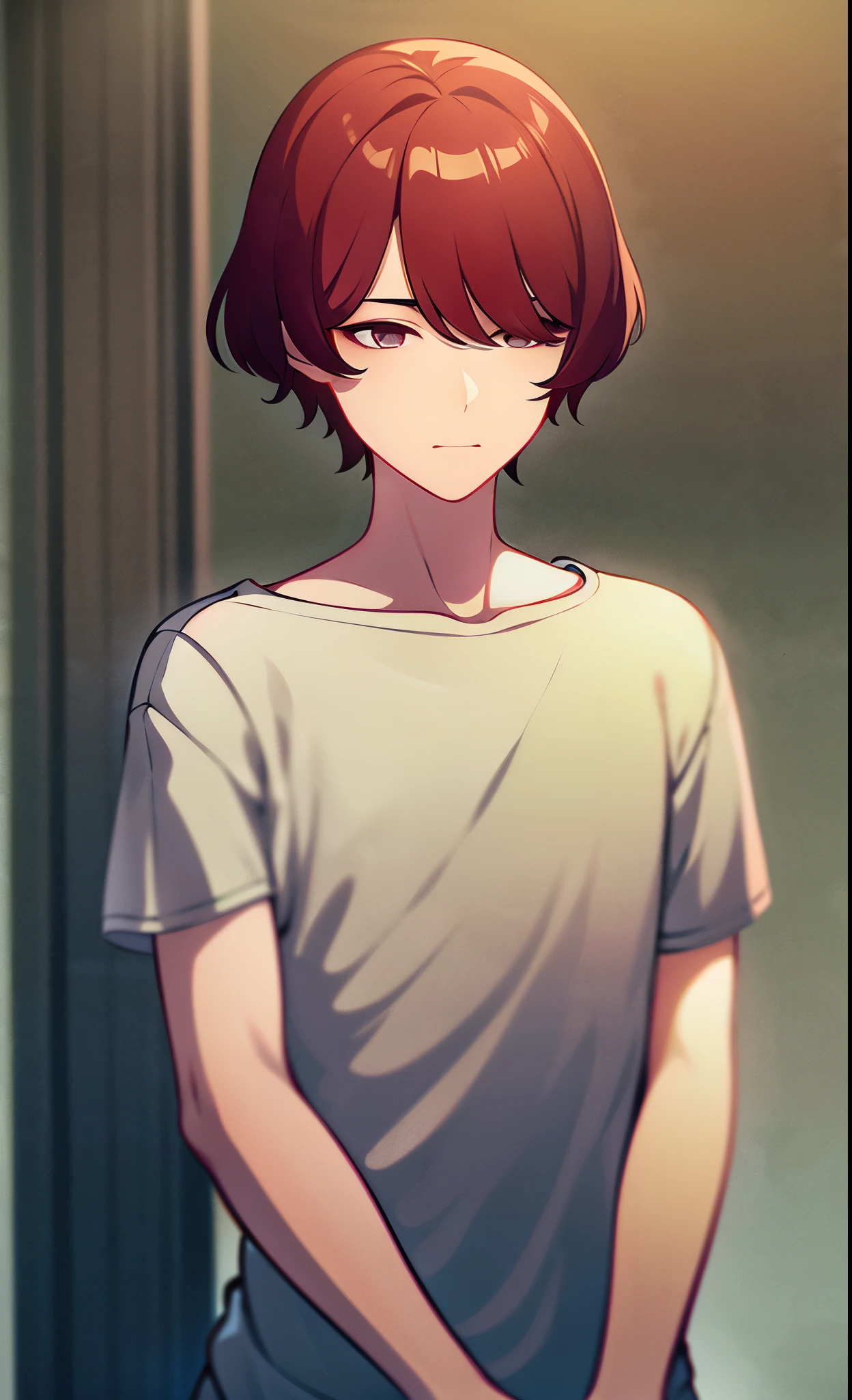 A boy with short red hair and green eyes, his hands are bandaged. He has a hesitant expression on his face, wearing simple clothes. The lighting is subtle, creating a soft and gentle atmosphere. The color tones are also soft, adding to the overall peacefulness of the scene. The image quality is of the highest standard, with high resolution and fine details.