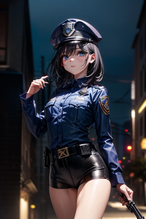 (((perfect anatomy, super detailed skin))), Mujer policia, piel brillante, pechos grandes:0.5, mirando hacia otro lado, buscando, hermoso rostro, hermosos ojos detallados, (pelo largo:1.5, dos colas:1.7), pelo rubio, with beautiful detailed eyes, ((dark blue eyes)), solitary images, Cuerpo hermoso, Hermosos muslos, bonitas piernas, cara de bebe, lunar debajo del ojo, ((uniforme de mujer policia, camisa de manga corta azul claro, Corbata azul marino, minifalda corta ajustada), guantes blancos, sombrero de policia, (((apuntando al espectador, sosteniendo una pistola, pistola))), , (Hermoso paisaje), yermo, ciudad en llamas, 8K, de primera calidad, obra maestra:1.2, extremadamente detallado), (realista, photorealista:1.2), beautiful illustration, cinematic lighting