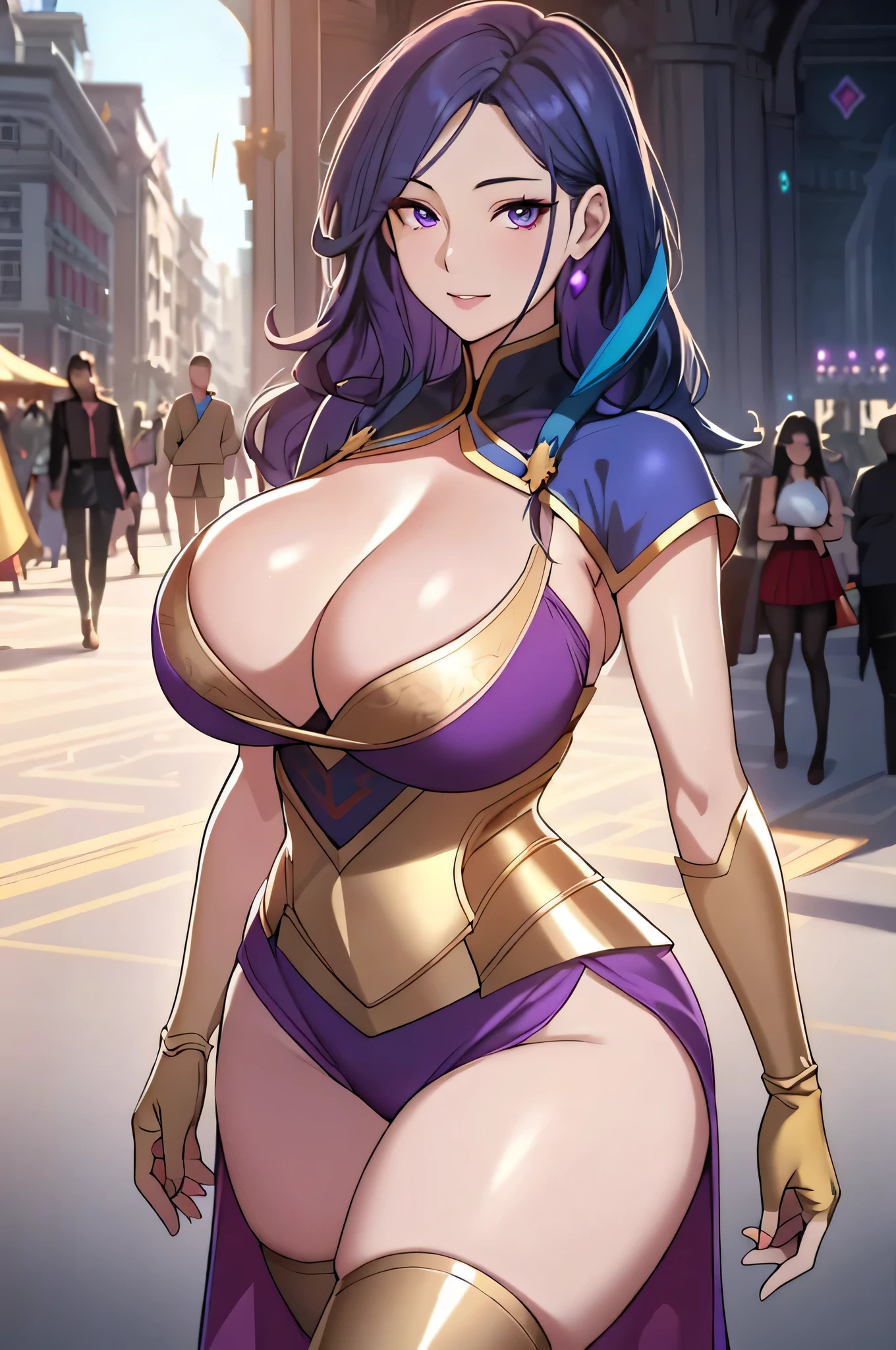 Lian, long blue hair, hair stick, bangs, violet eyes, solo, smiling, standing, upper body, hips, bare shoulders,purple thighhighs,violet dress, gold jewelry,armor,gloves,circlet, cleavage, red and gold royal castle, gigantic breasts, (best quality, masterpiece, beautiful and aesthetic:1.2, highest detailed face, perfect face,)  eyes, perfect face,expressive eyes,
looking at viewer, in the center of the image,(Upper_body),(Focus on her face),
official art,extremely detailed CG unity 8k wallpaper, perfect lighting,Colorful, Bright_Front_face_Lighting,shiny skin, 
(masterpiece:1.0),(best_quality:1.0), ultra high res,4K,ultra-detailed
